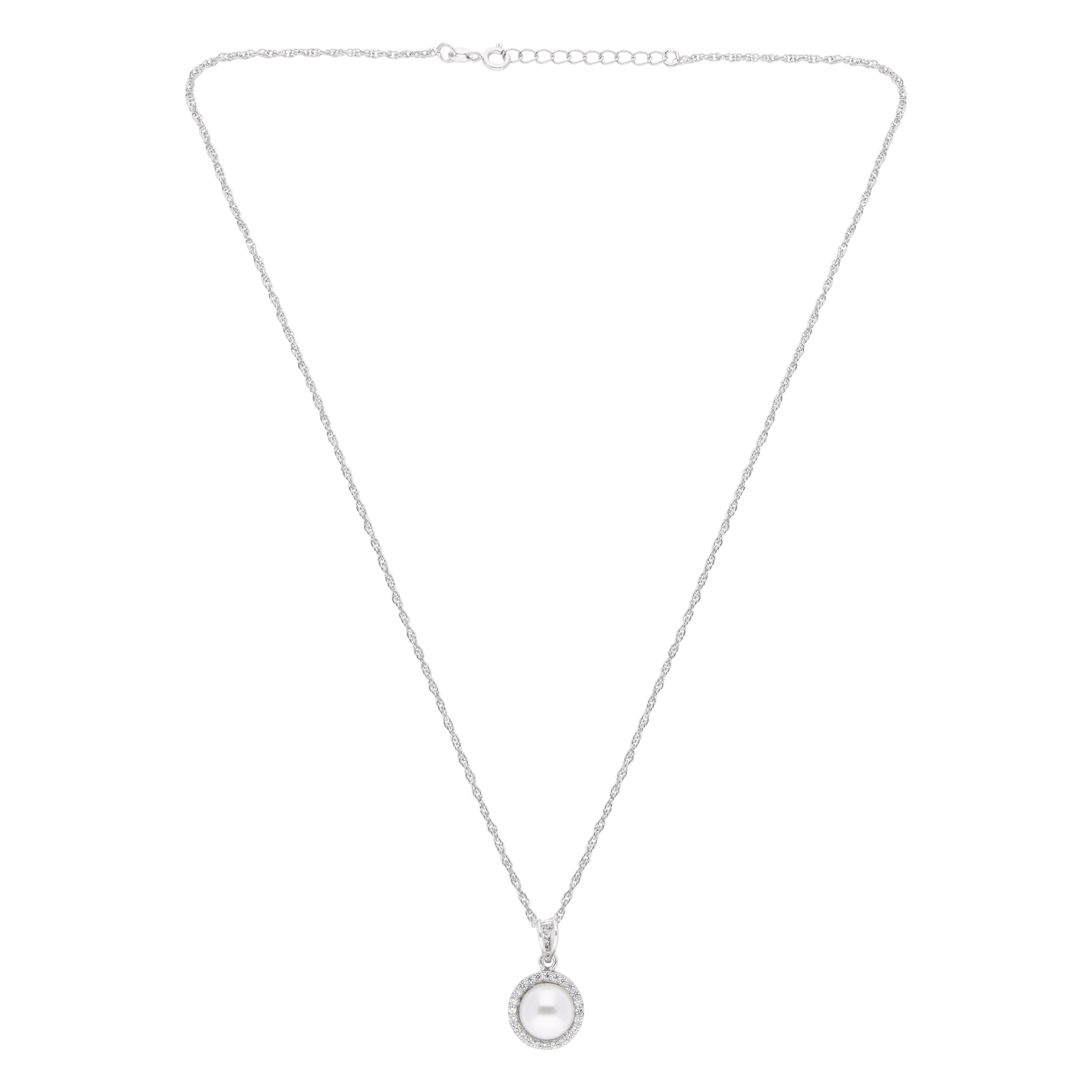 Lustrous Pearl-Inspired Halo Pendant in Sterling Silver with Twisted Rope Chain | SKU : 0003579268, 0021424168, 0021424175