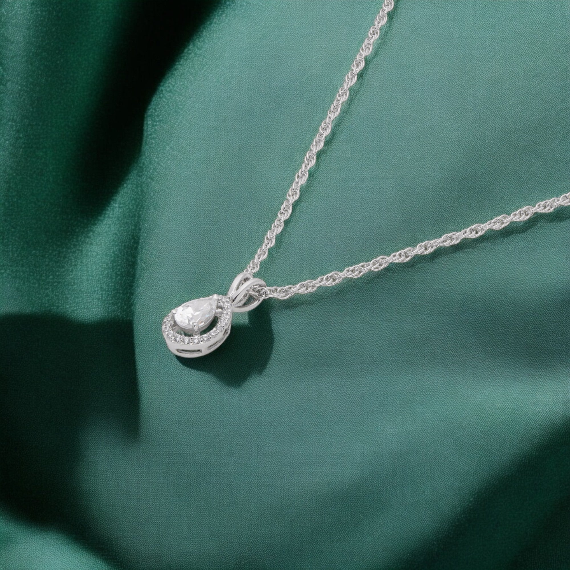 Teardrop Halo Pendant Necklace in Sterling Silver | SKU : 0003579411, 0021424403, 0021424410