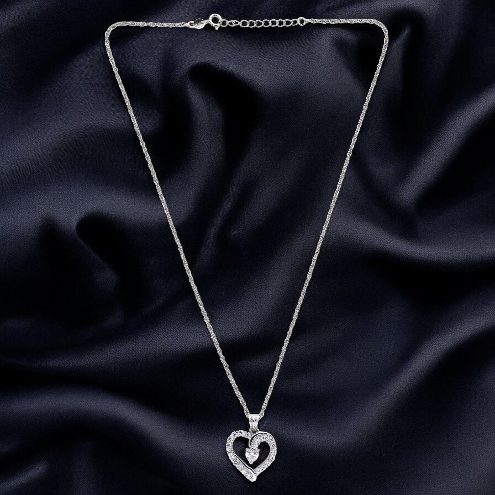 Sterling Silver Double Heart Pendant Necklace with Sparkling Stones | SKU : 0021456367, 0021456350, 0021456466, 0021456374