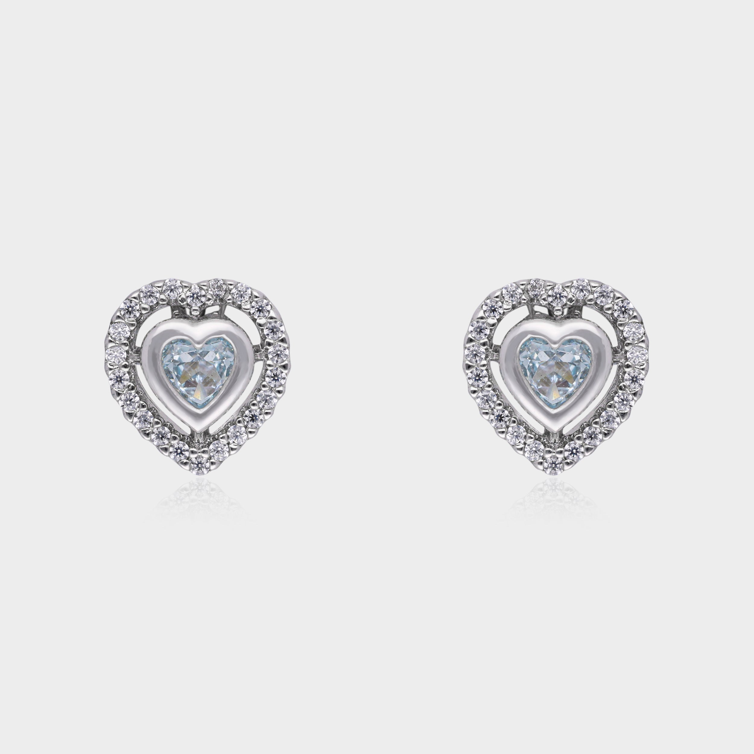 Sterling Silver Heart Halo Stud Earrings with Sparkling Blue Stone | SKU : 0021456701, 0021456688