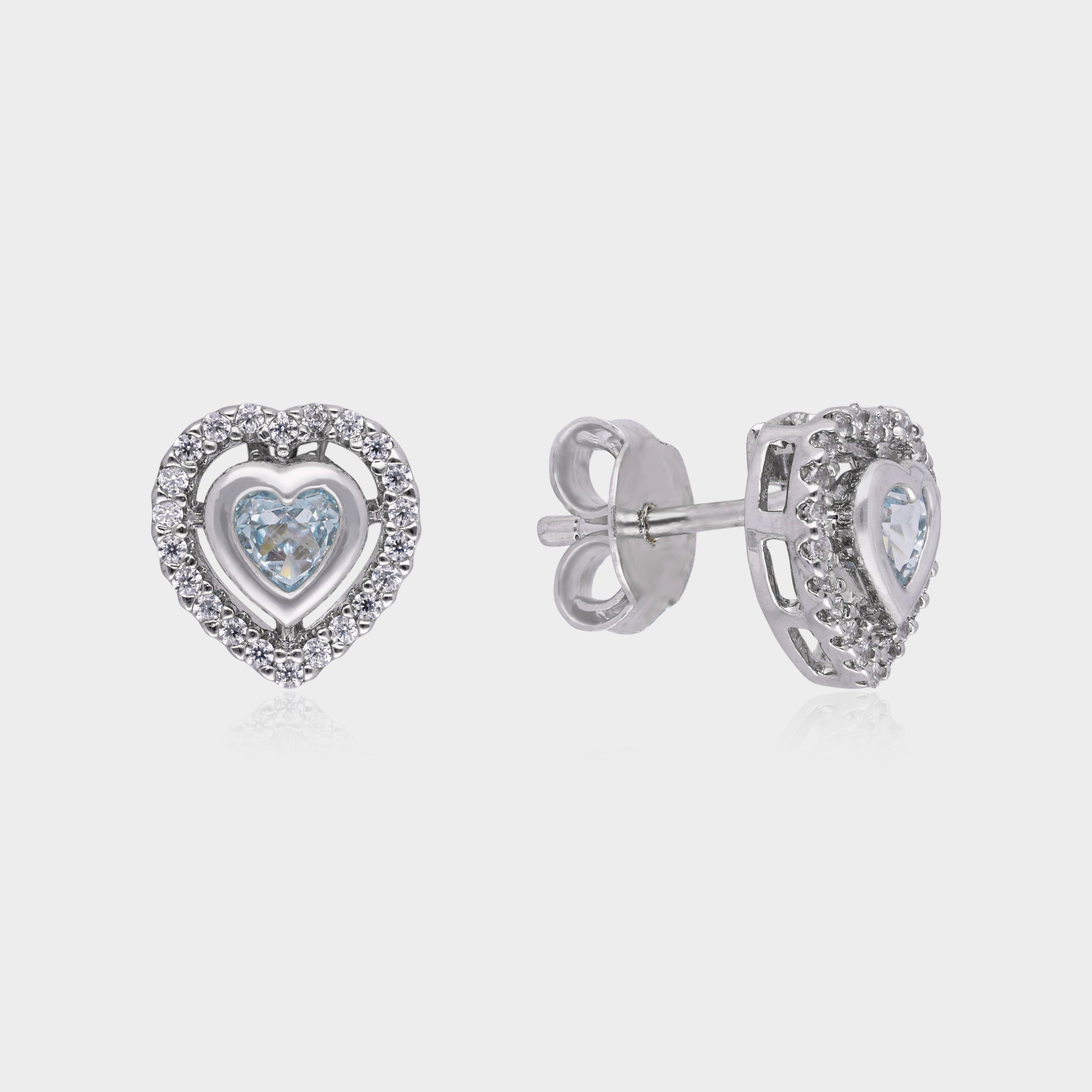Sterling Silver Heart Halo Stud Earrings with Sparkling Blue Stone | SKU : 0021456701, 0021456688