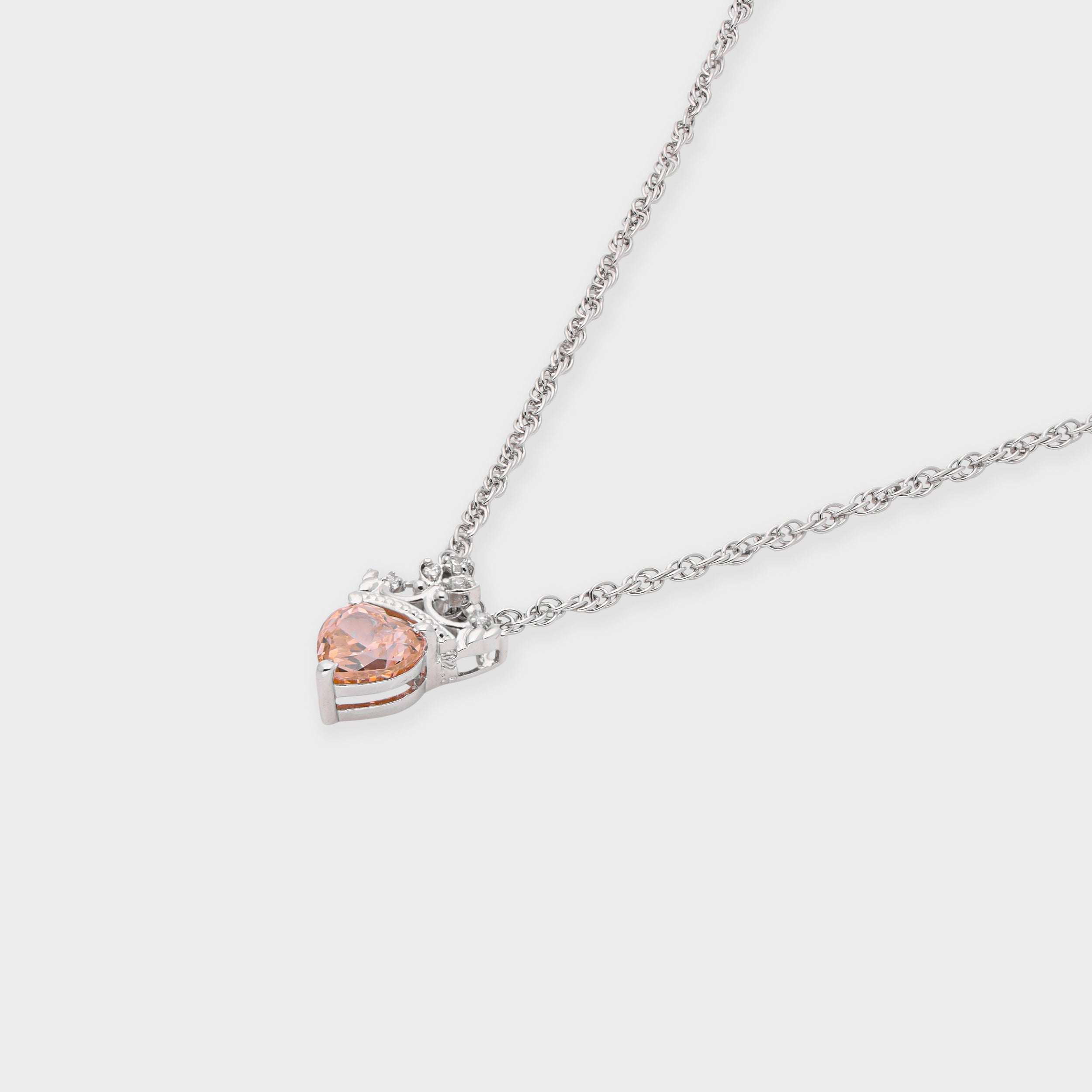 Sterling Silver Crown Heart Pendant Necklace with Sparkling Peach Stone | SKU : 0021456770, 0021456732
