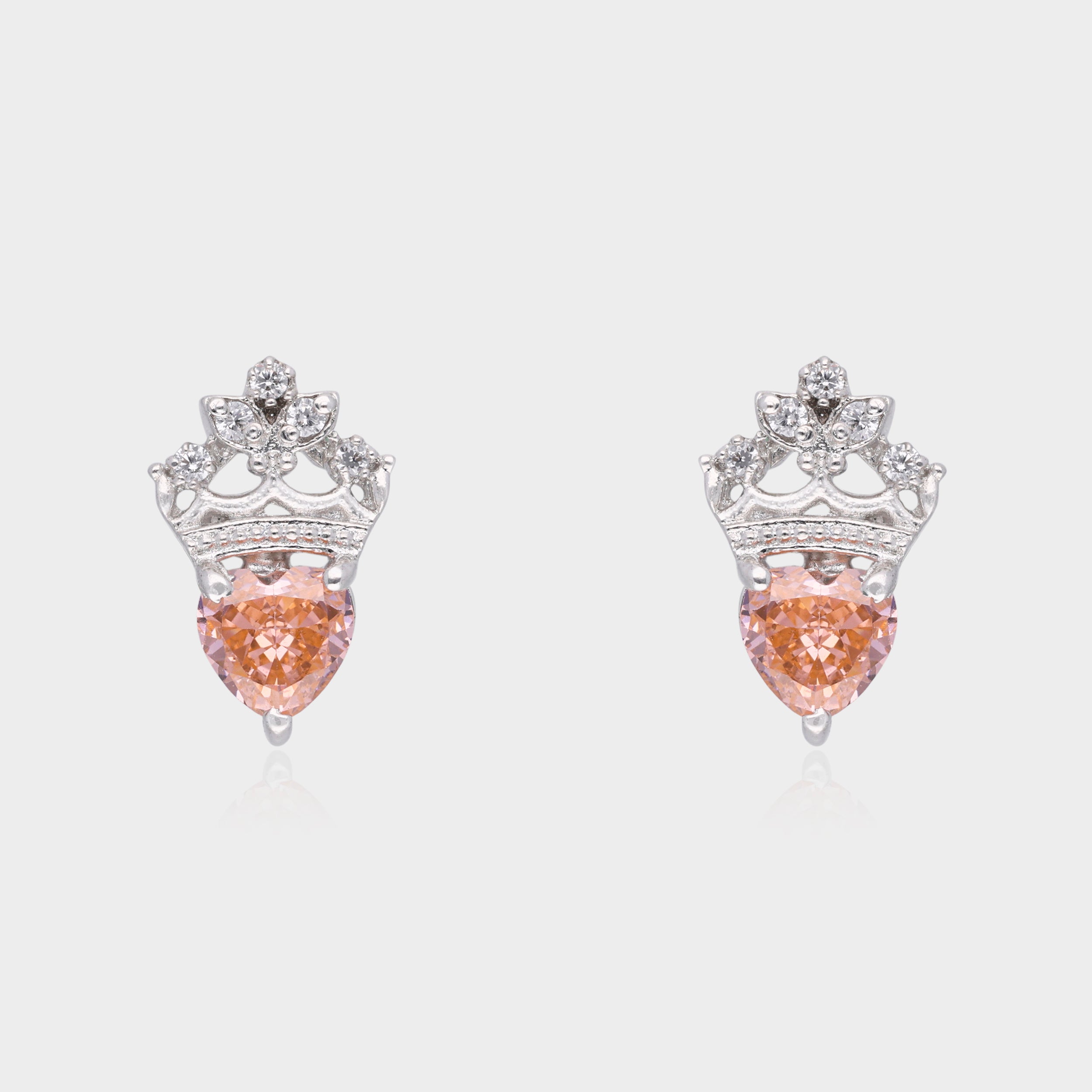 Sterling Silver Crown Heart Stud Earrings with Sparkling Peach Stone | SKU : 0021456787, 0021456749