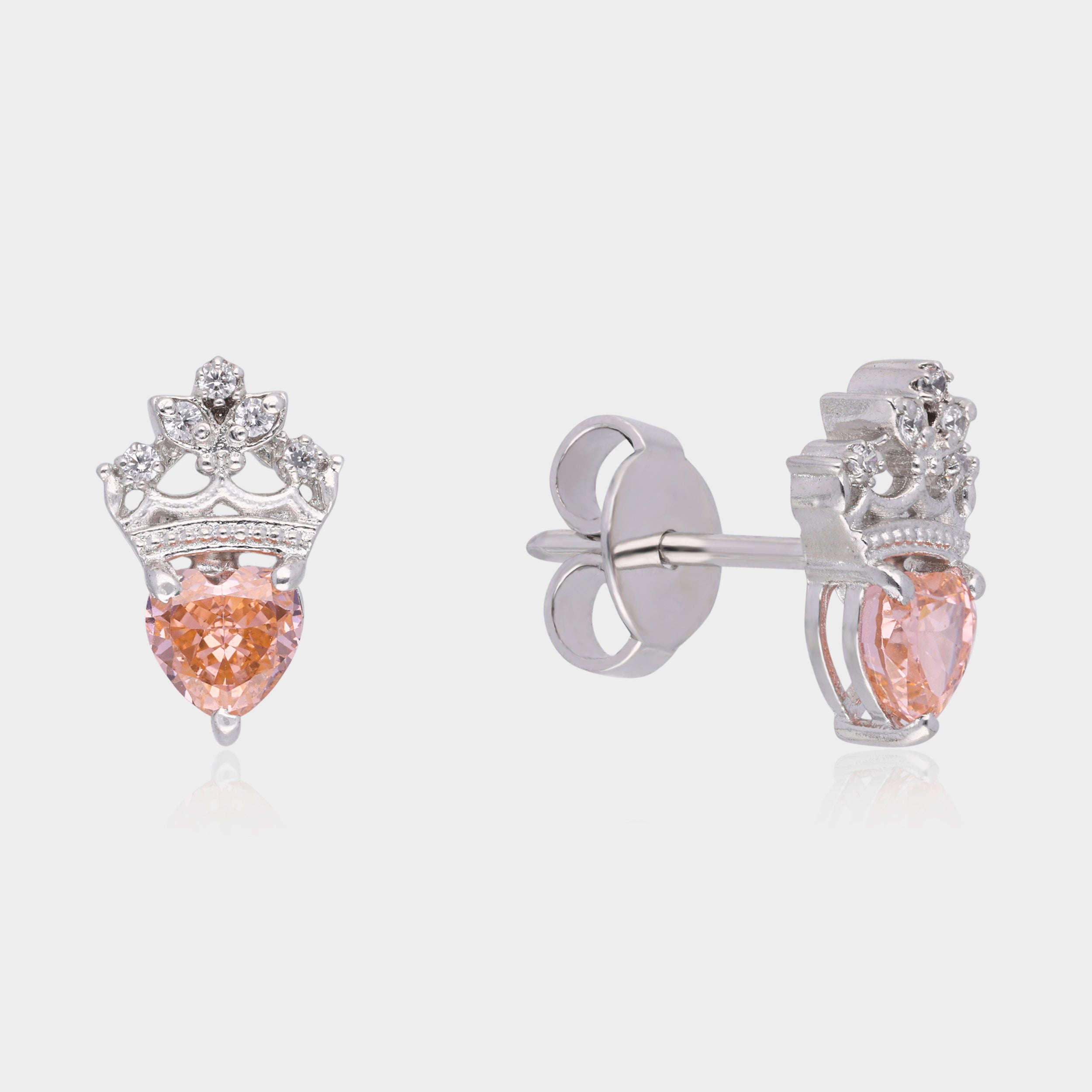 Sterling Silver Crown Heart Stud Earrings with Sparkling Peach Stone | SKU : 0021456787, 0021456749