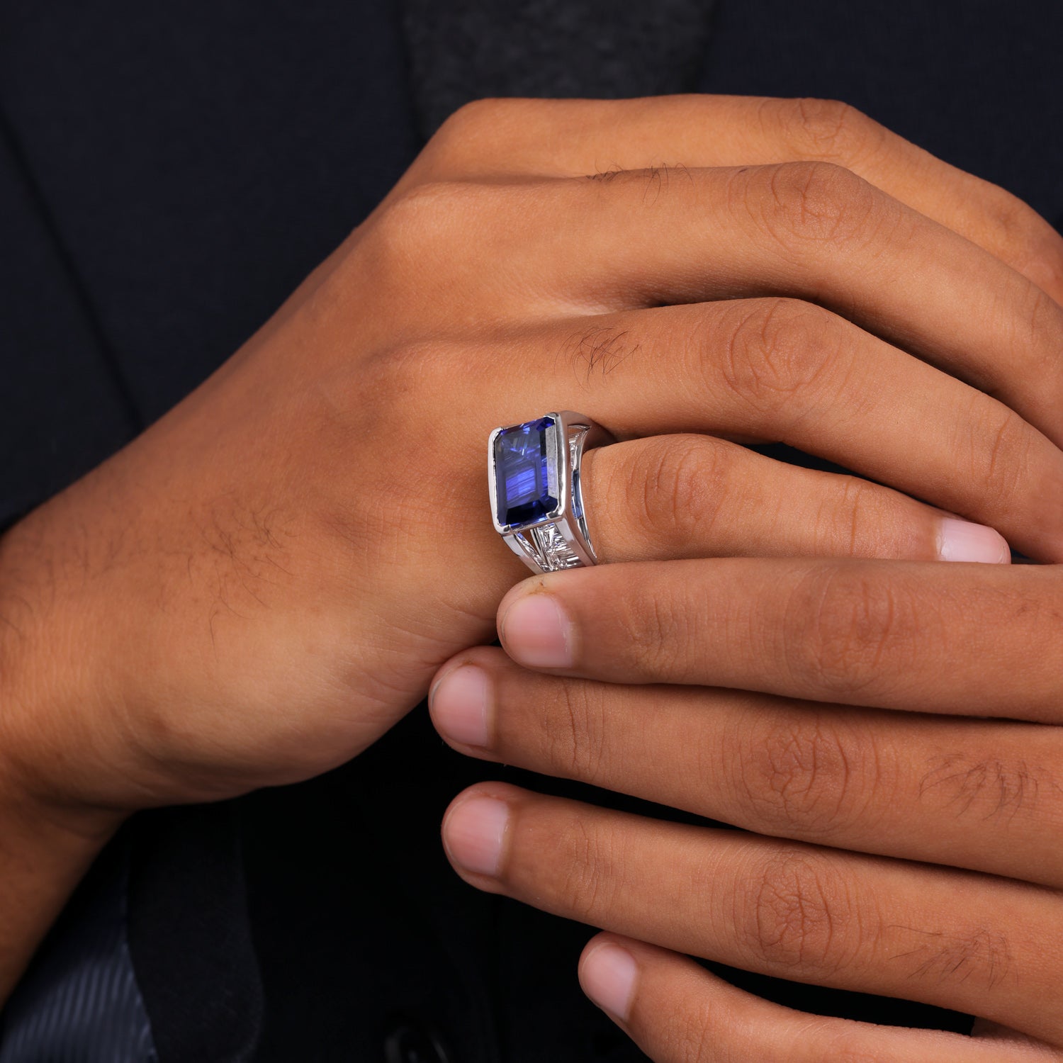 Architectural Emerald-Cut Blue Stone Statement Ring in Sculpted White Gold Finish | SKU : 0021474217