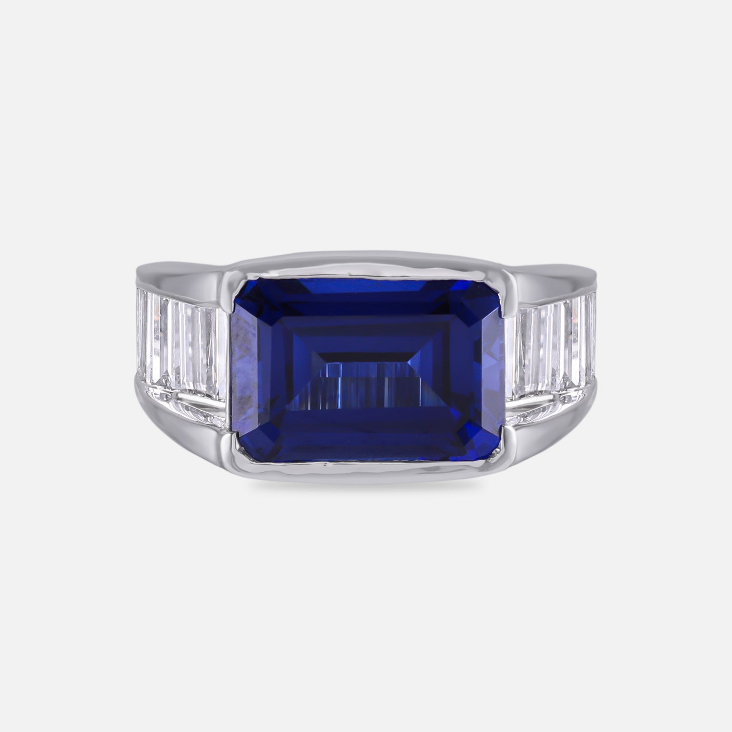 Architectural Emerald-Cut Blue Stone Statement Ring in Sculpted White Gold Finish | SKU : 0021474217