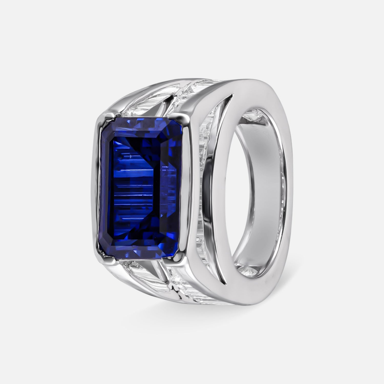 Architectural Emerald-Cut Blue Stone Statement Ring in Sculpted White Gold Finish | SKU : 0021474217