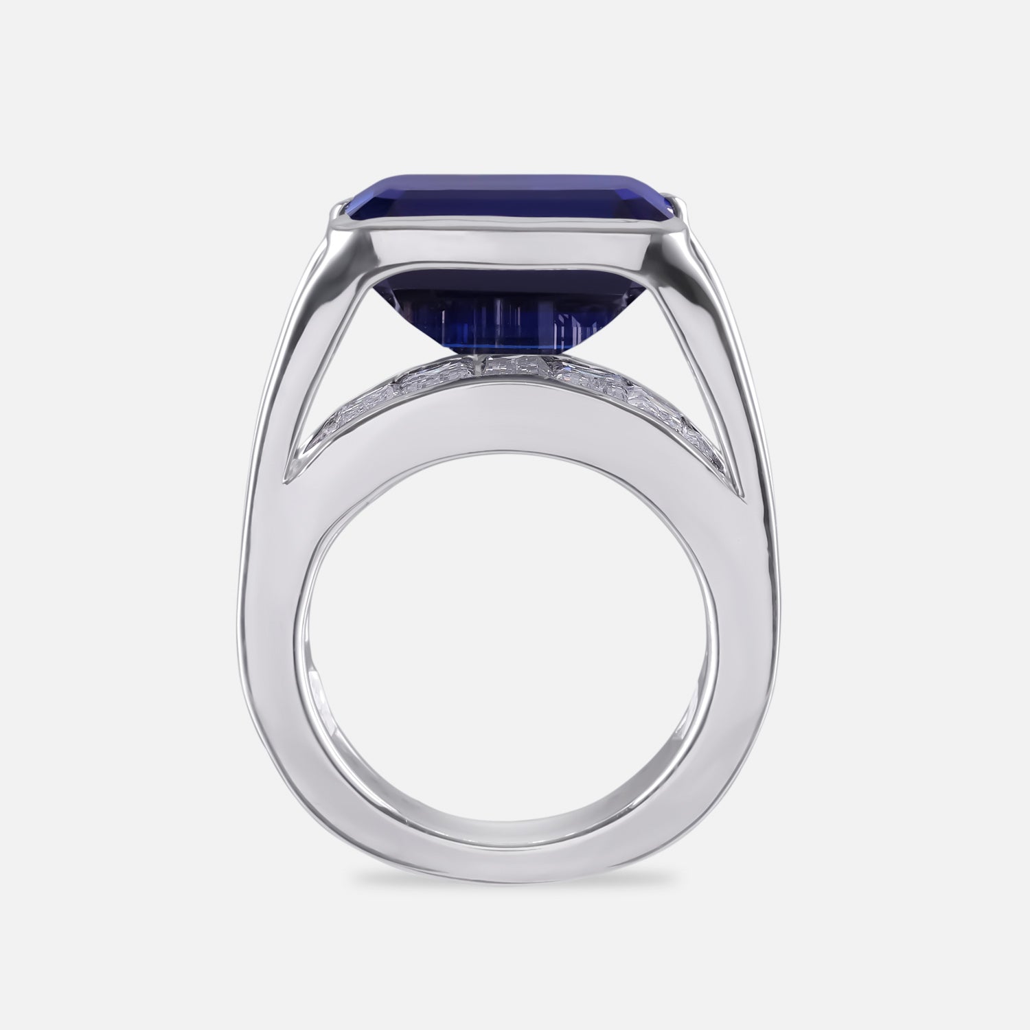 Architectural Emerald-Cut Blue Stone Statement Ring in Sculpted White Gold Finish | SKU : 0021474217