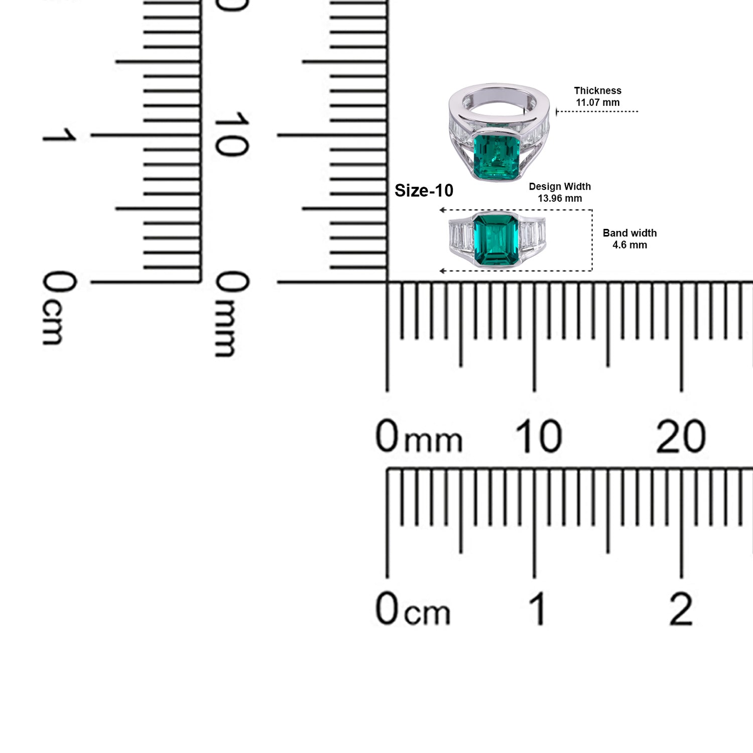 Emerald-Cut Green Stone Statement Ring with Baguette Accents in White Gold Finish | SKU : 0021474224