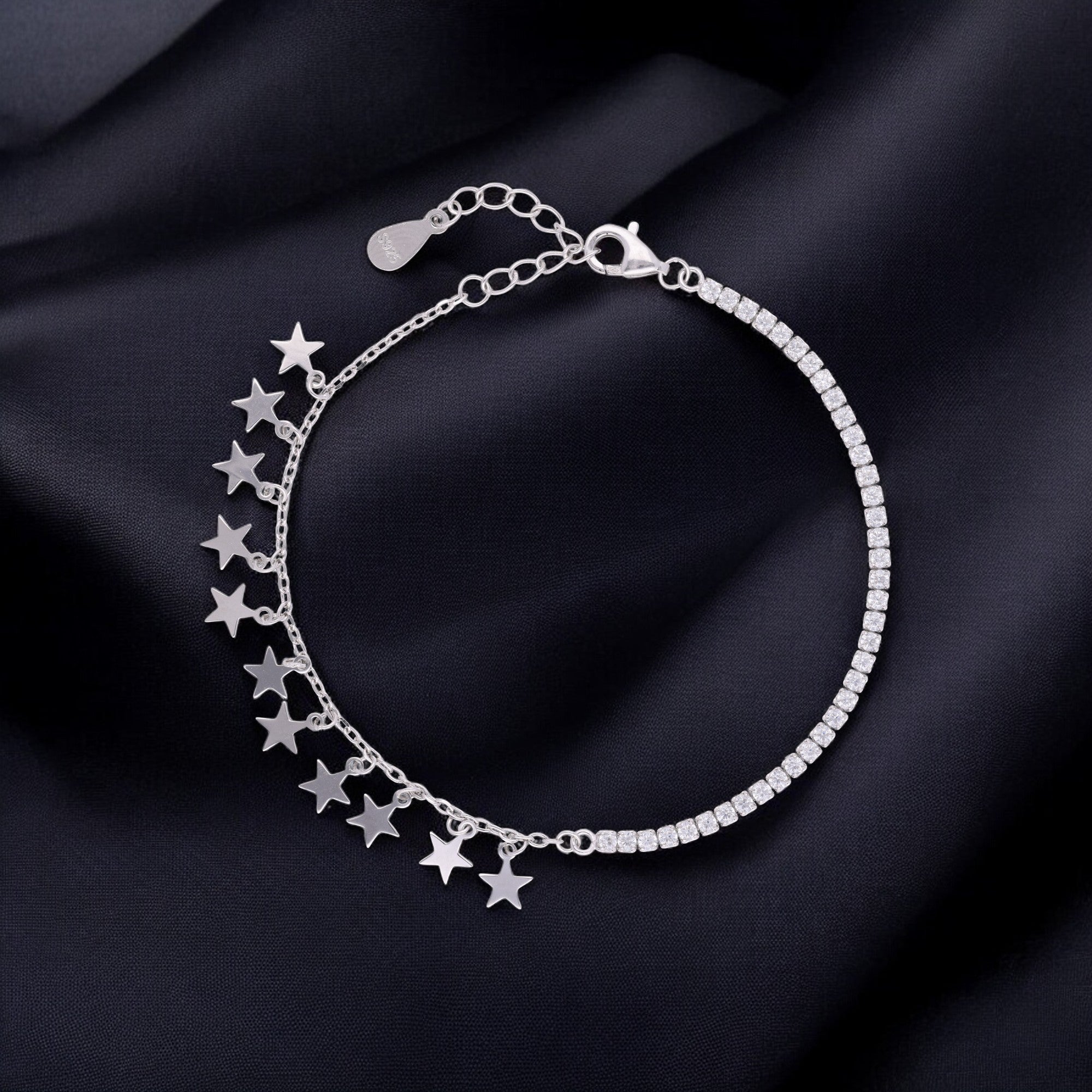 Dazzling Celestial Star Charm Bracelet in High-Polish Silver Tone with Pavé Stone Accents | SKU : 0021525261, 0021525254, 0003624227, 0021545948