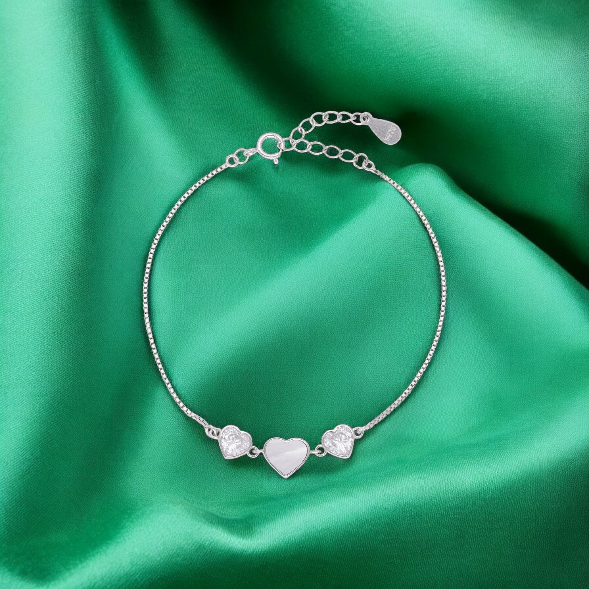 Triple Heart Bracelet with Mother-of-Pearl and Sparkling Stone Accents in Silver Tone | SKU : 0021525308, 0021525292, 0021525278, 0021525285, 0003624241