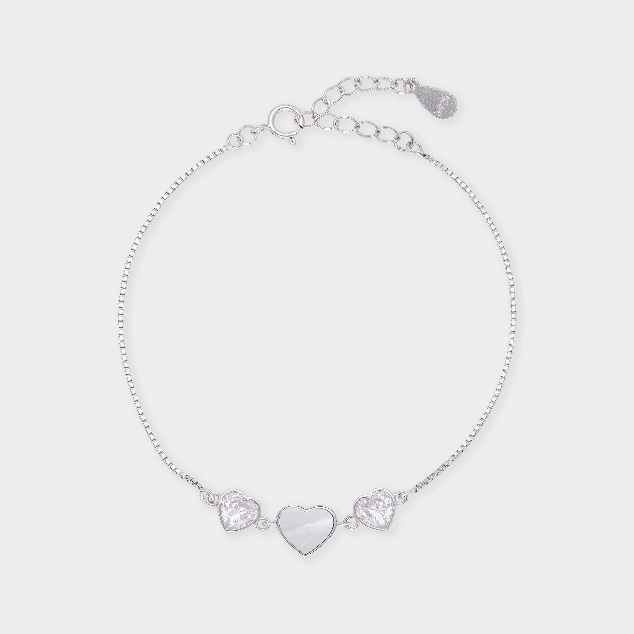 Triple Heart Bracelet with Mother-of-Pearl and Sparkling Stone Accents in Silver Tone | SKU : 0021525308, 0021525292, 0021525278, 0021525285, 0003624241