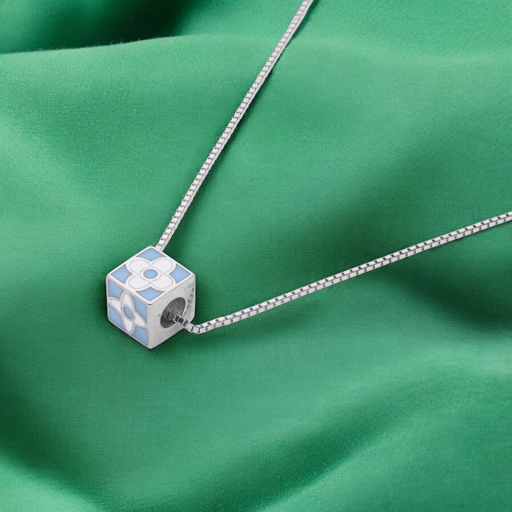 Enamel Floral Cube Pendant in Sterling Silver & Rose-Tone Options | SKU : 0003624036, 0021525407, 0021525414