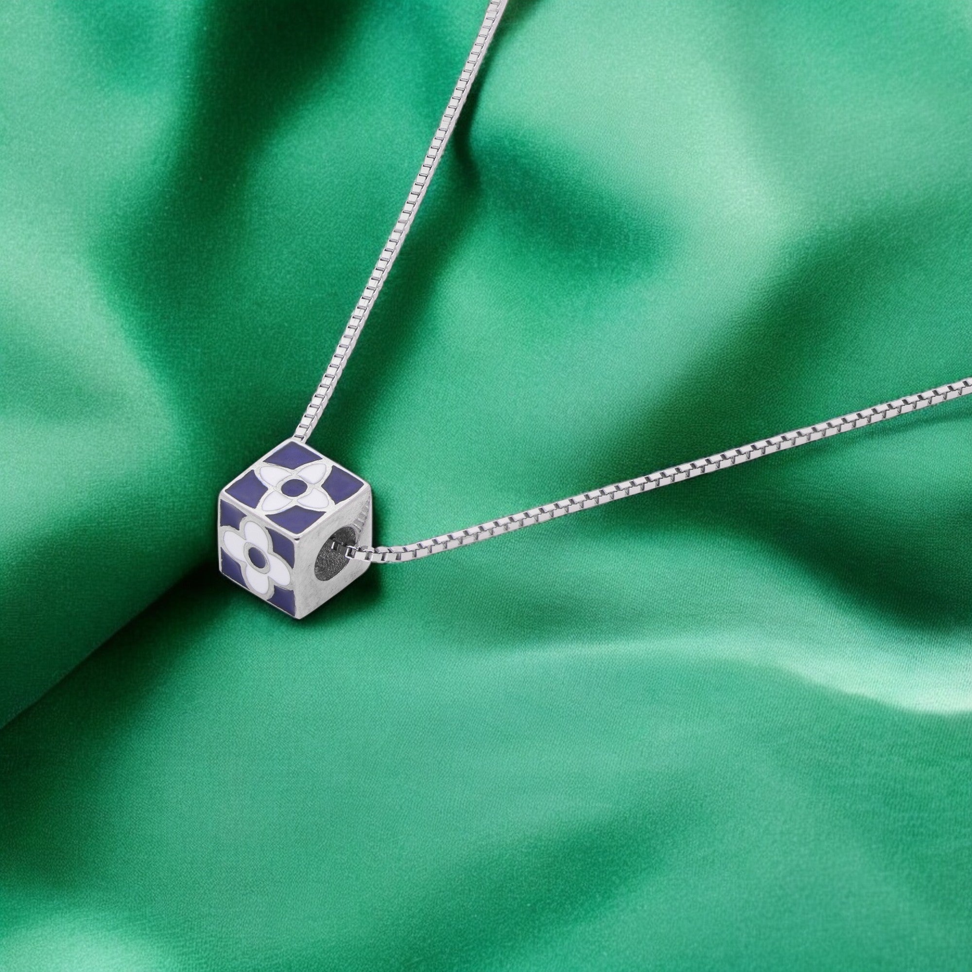 Enamel Floral Cube Pendant in Sterling Silver & Rose-Tone Options | SKU : 0003624036, 0021525407, 0021525414
