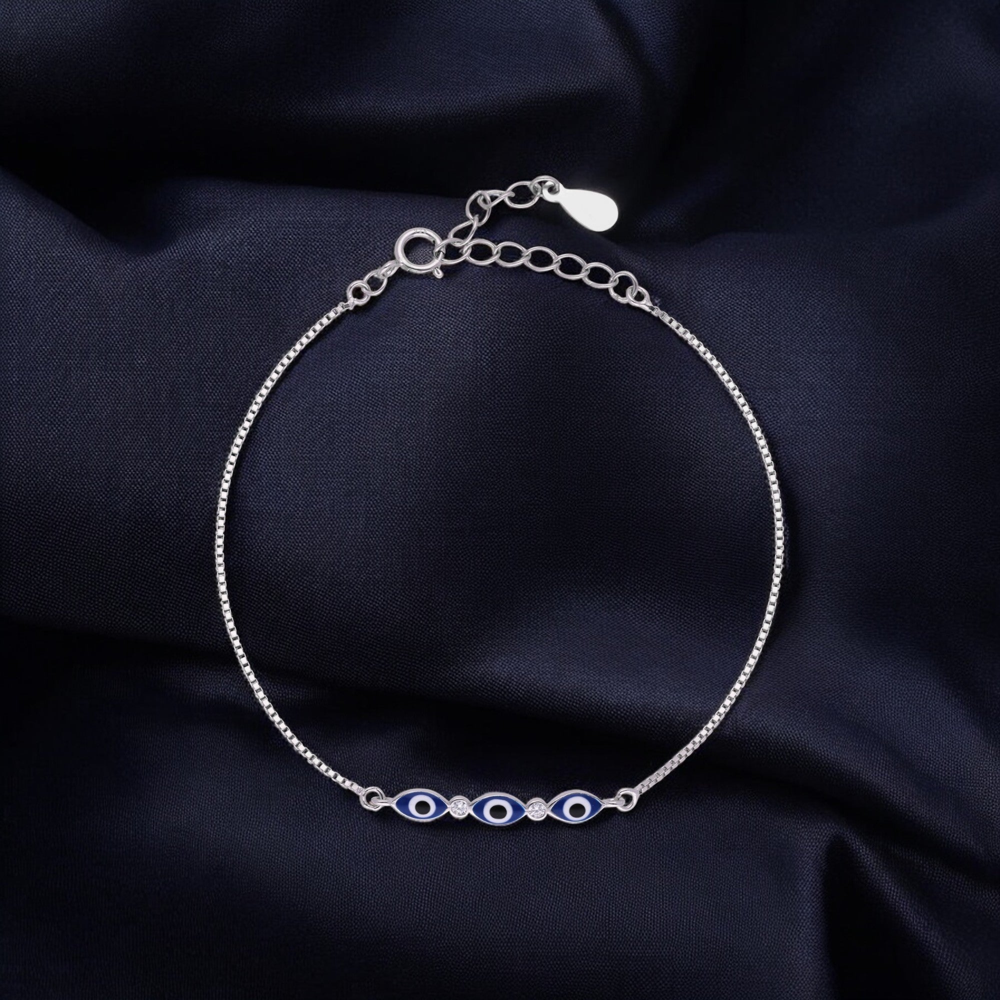 Silver Evil Eye Bracelet with Trio Motif and Stones | SKU : 0021525636, 0021525629, 0021525612, 0021525605, 0003624173, 0003631034