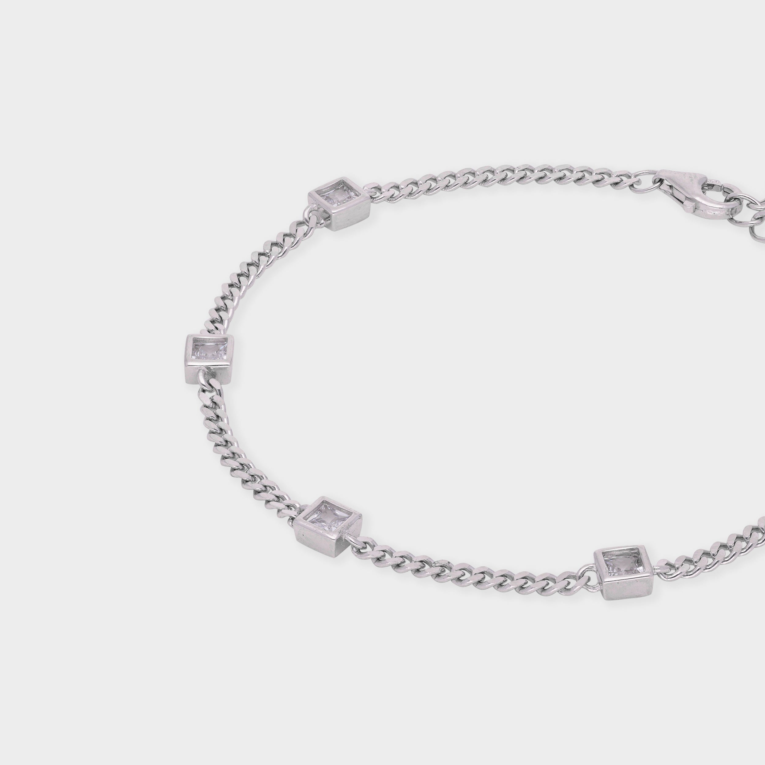 Sleek Box Chain Bracelet with Princess-Cut Stone Accents in Silver Tone | SKU : 0021525827