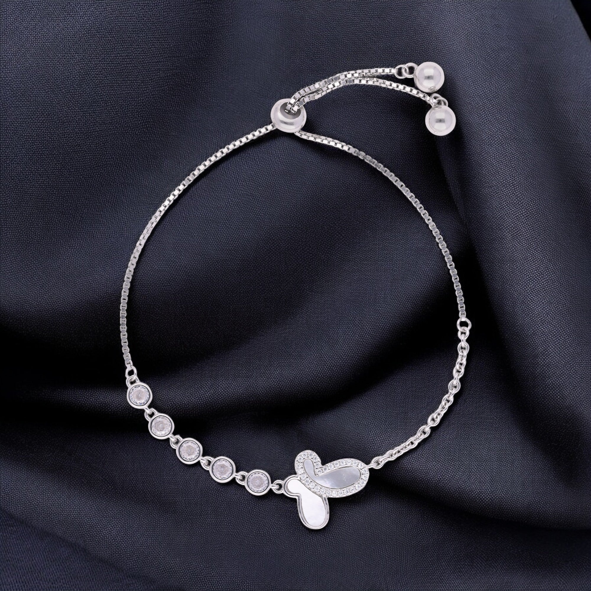 Silver Adjustable Bracelet with Butterfly and Bezel-Set Stones | SKU : 0021525865, 0021525780, 0021525858