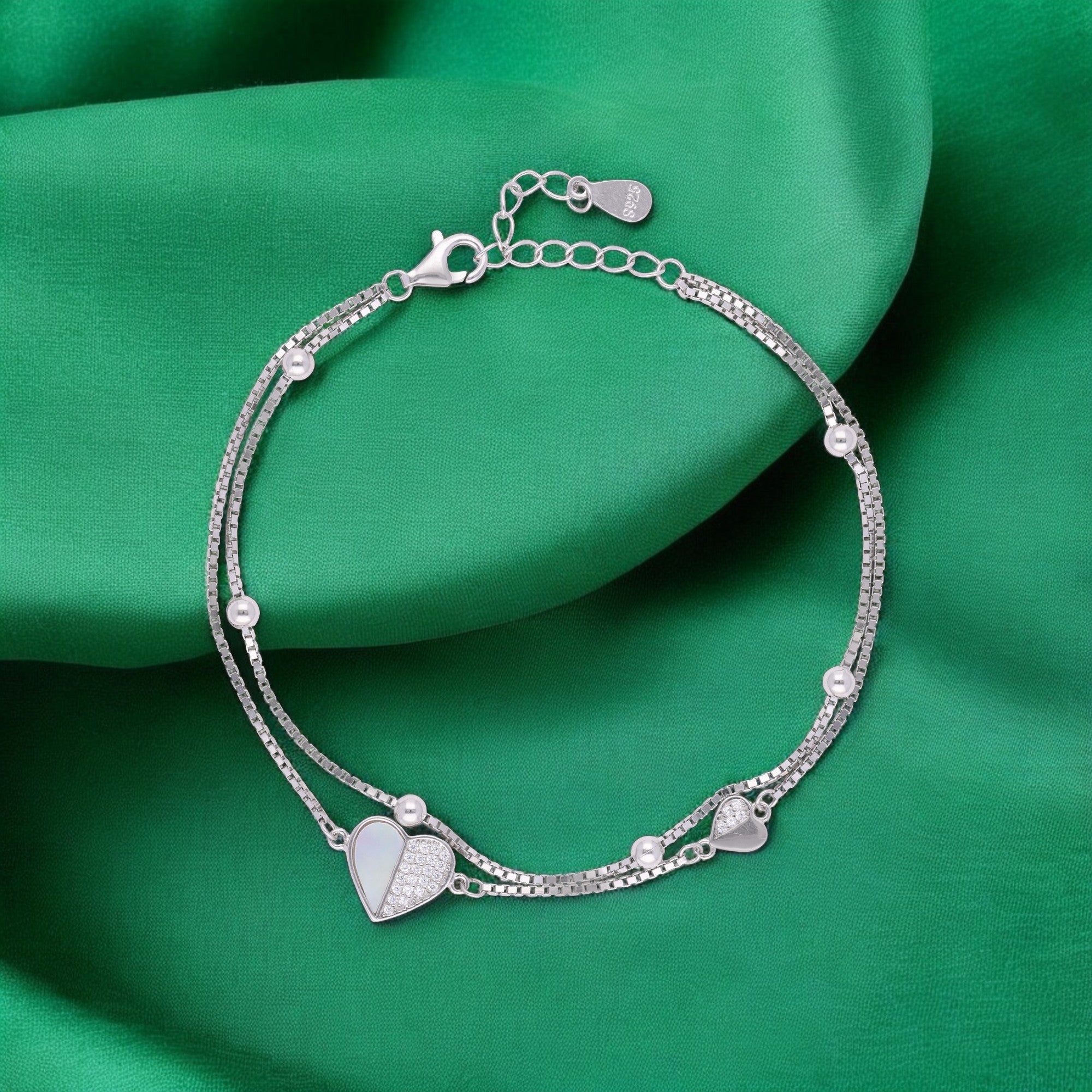 Silver-Toned Dual-Strand Bracelet with Heart Charms and Bead Accents | SKU : 0021525872, 0021525896, 0021525889, 0003624111