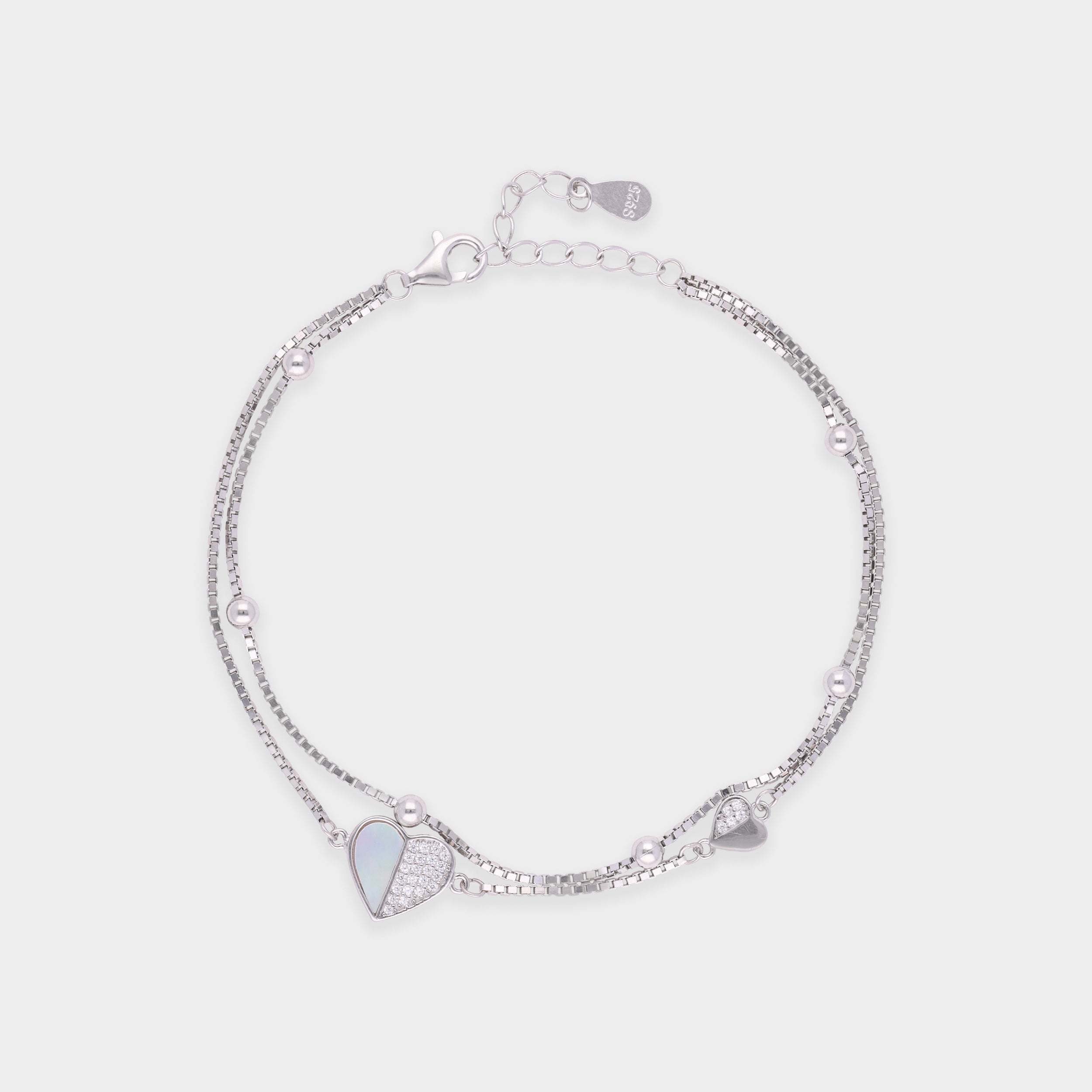 Silver-Toned Dual-Strand Bracelet with Heart Charms and Bead Accents | SKU : 0021525872, 0021525896, 0021525889, 0003624111
