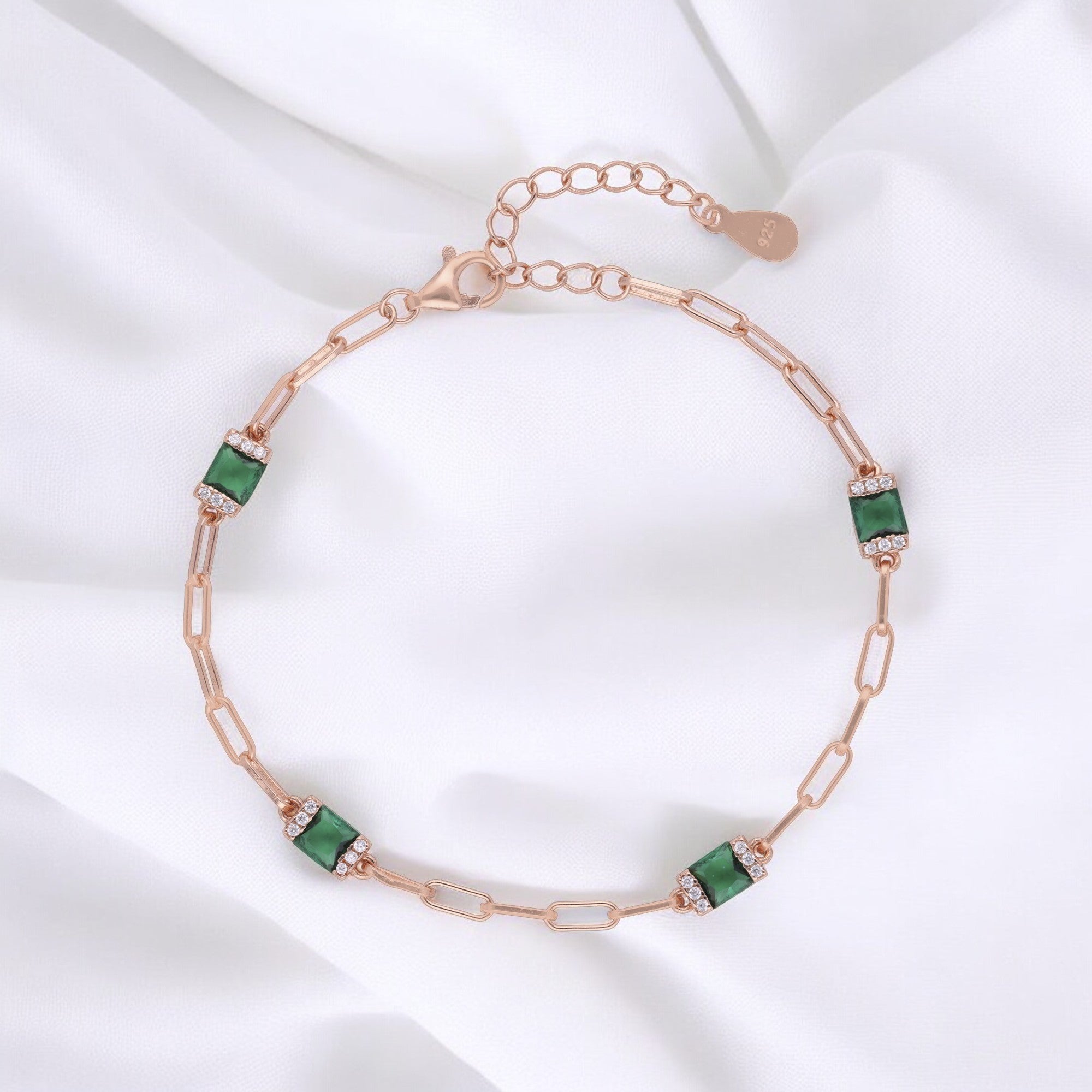 Rose-Tone Paperclip Chain Bracelet with Bold Red Stone Stations | SKU : 0021546747, 0003631096, 0021546754, 0021546761