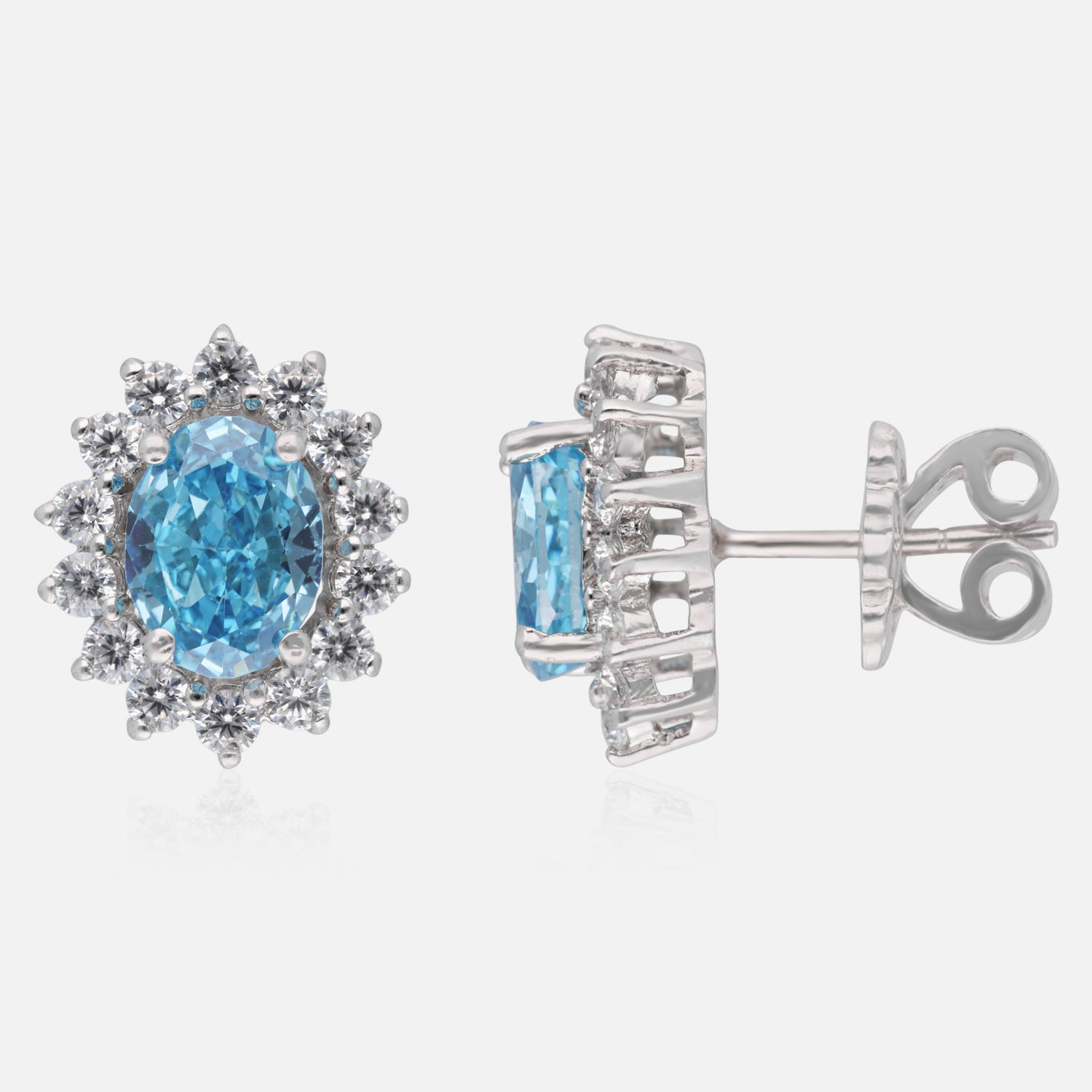 Elegant Sterling Silver Blue Topaz & Halo CZ Stud Earrings | SKU : 0022158642