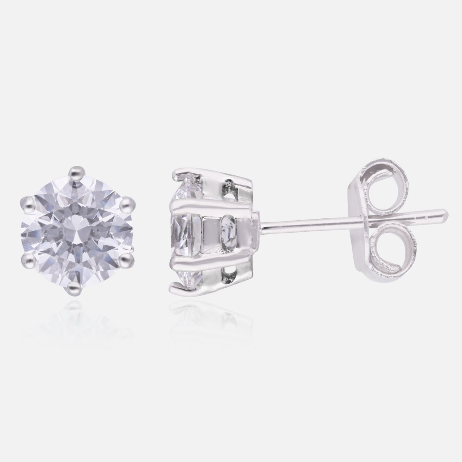 Classic Sterling Silver Round Cut Cubic Zirconia 6-Prong Stud Earrings | SKU : 0022158680