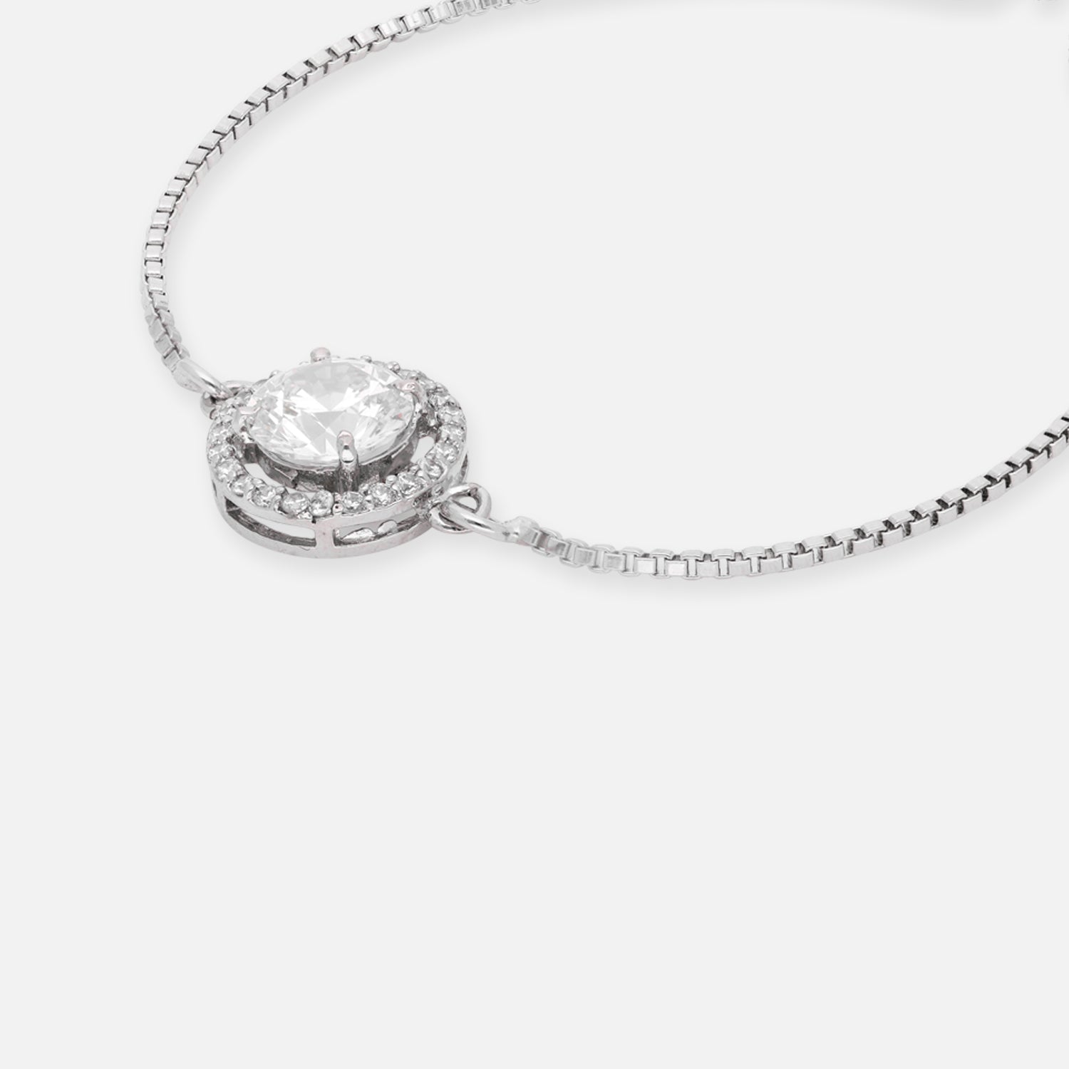 Round Halo Solitaire Cubic Zirconia Sterling Silver Adjustable Bracelet | SKU : 0022164209, 0022167804, 0003888414
