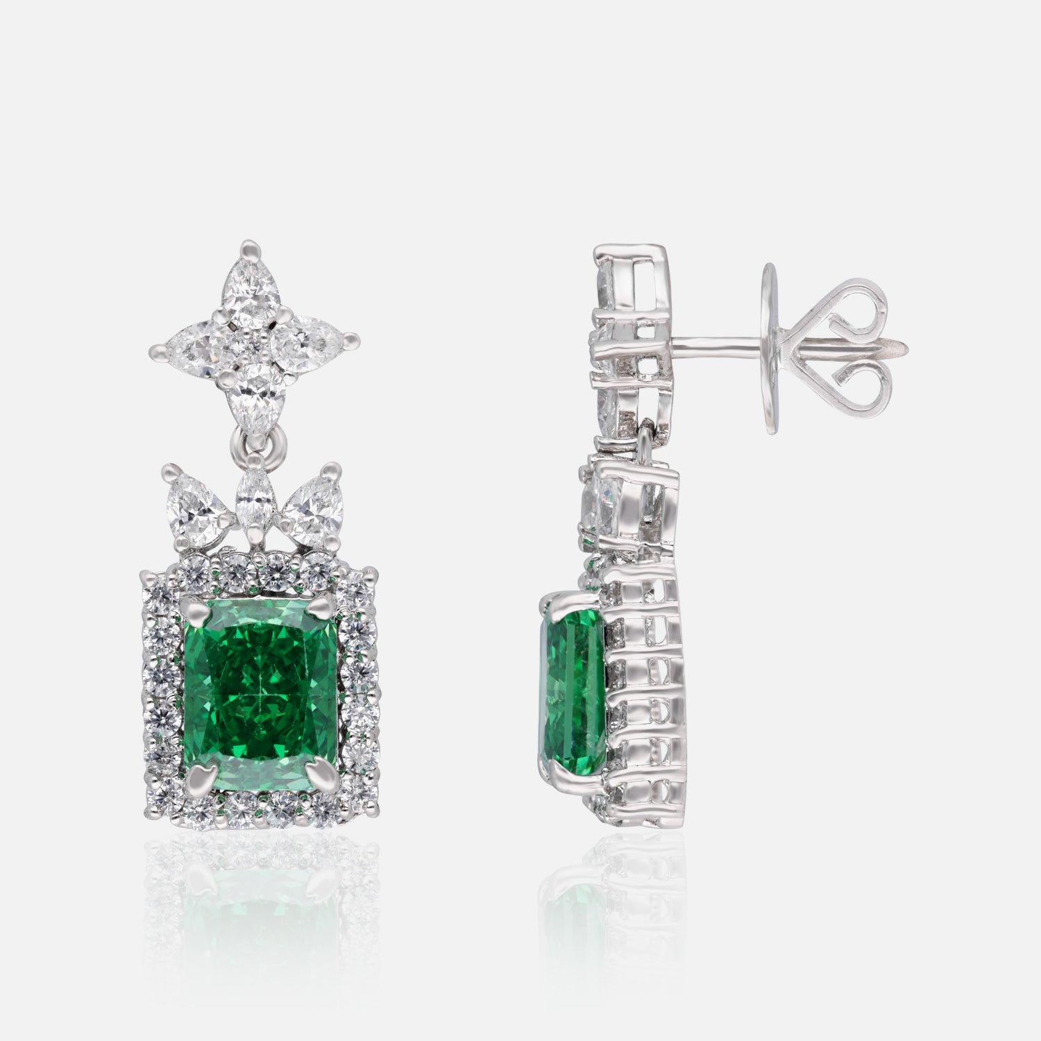 Radiant Emerald Cut Halo Drop Earrings – Green, Blue & Orange Variants | SKU : 0022178961, 0022179265, 0003894095