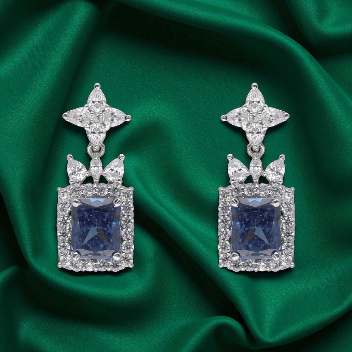 Radiant Emerald Cut Halo Drop Earrings – Green, Blue & Orange Variants | SKU : 0022178961, 0022179265, 0003894095