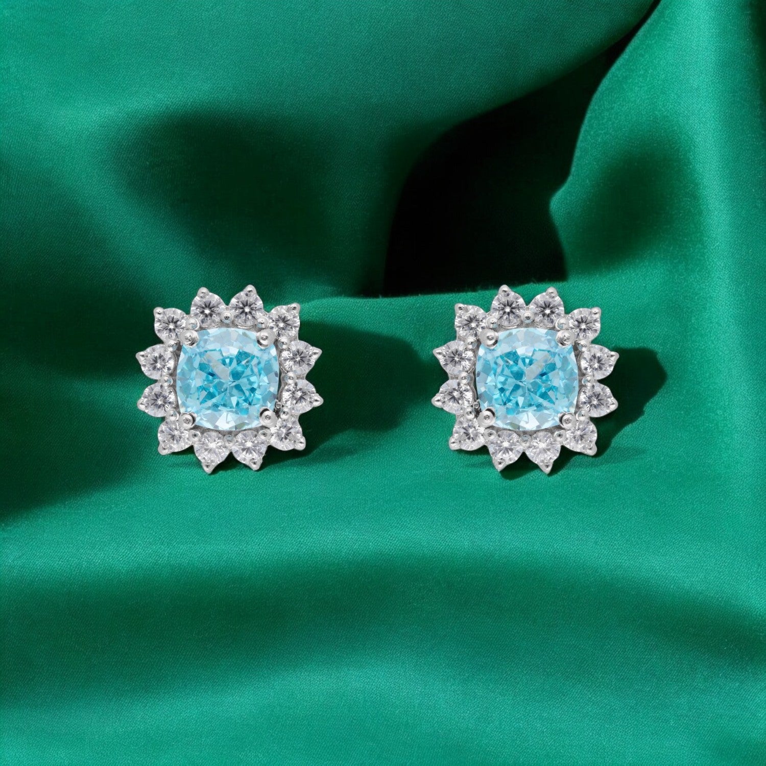 Elegant Cushion-Cut Blue & Peach Gemstone Halo Floral Stud Earrings | SKU : 0022195845, 0022194459, 0003904206