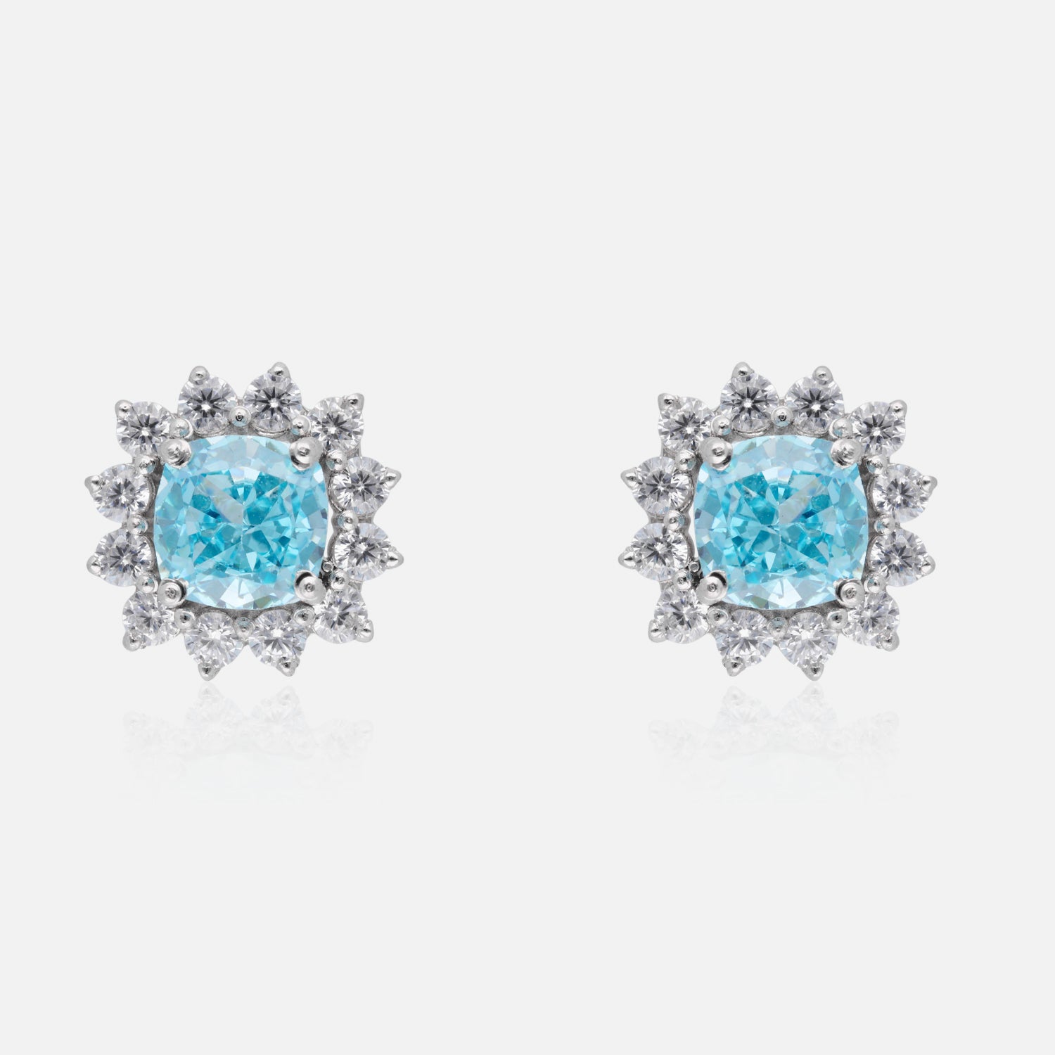 Elegant Cushion-Cut Blue & Peach Gemstone Halo Floral Stud Earrings | SKU : 0022195845, 0022194459, 0003904206