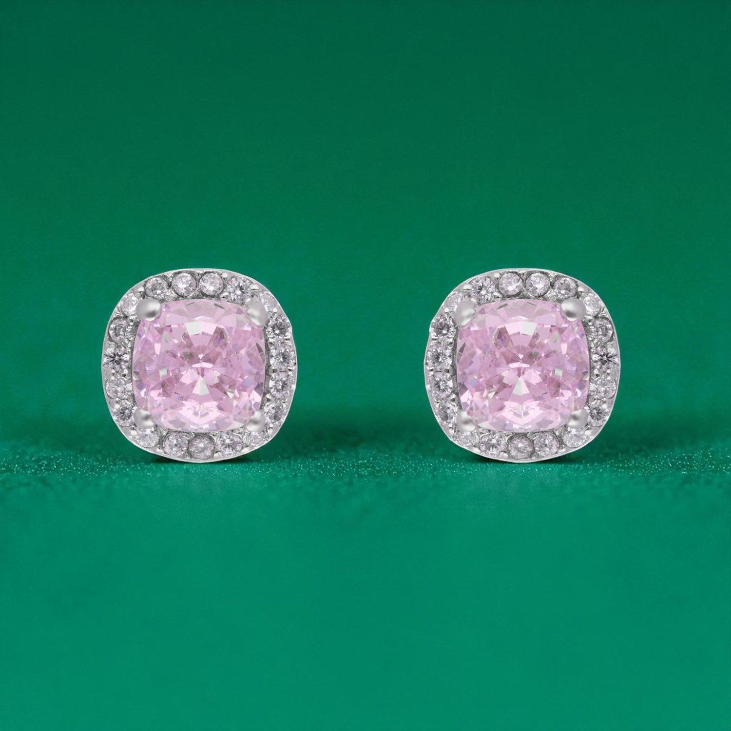 Sterling Silver Cushion-Cut Halo Earrings (Green, Pink & Yellow Variants) | SKU : 0022195937, 0022194541, 0003904299