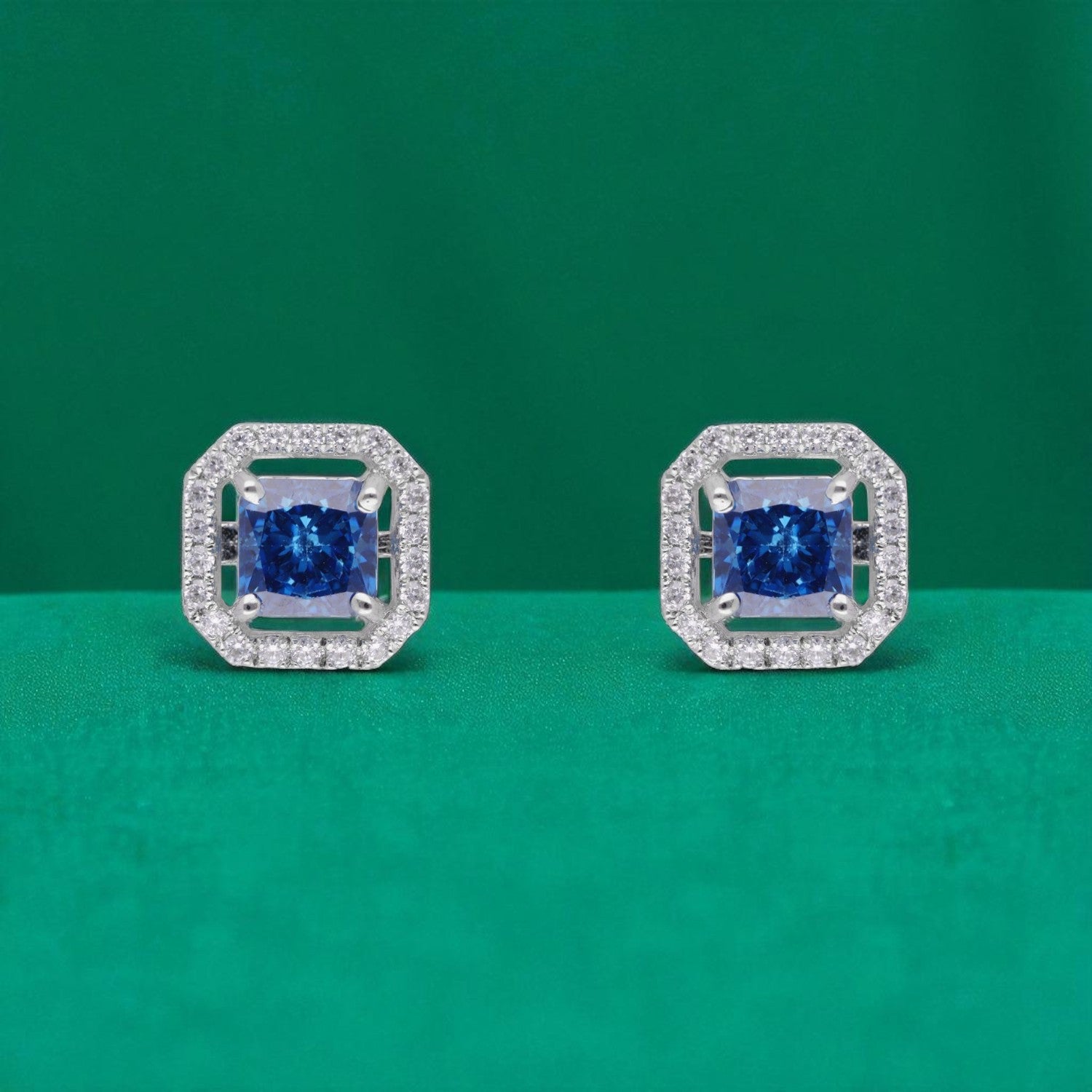 Sterling Silver Cushion-Cut Halo Stud Earrings – Emerald, Sapphire & Yellow Variants | SKU : 0022195968, 0022194572, 0003904329