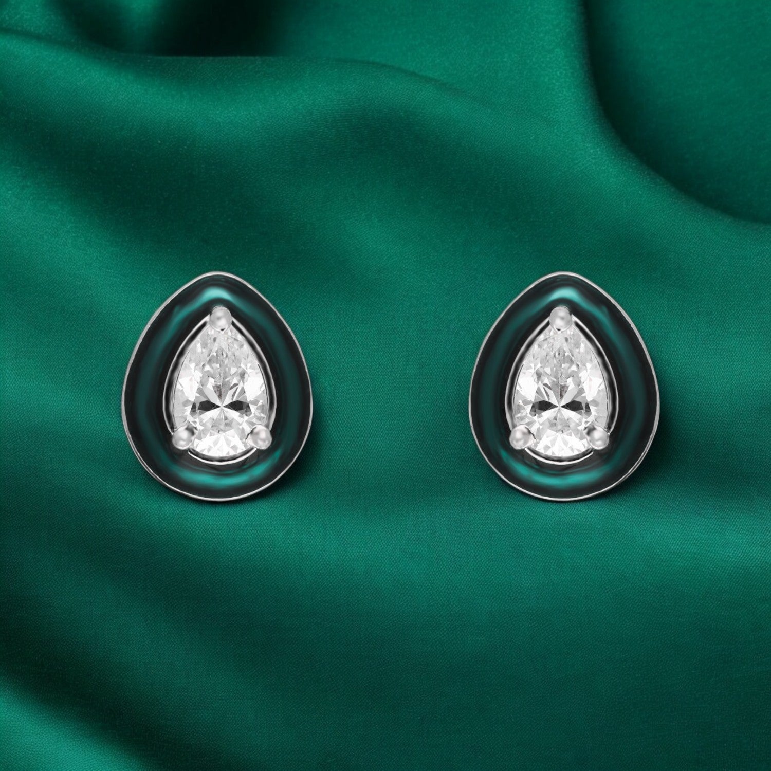 Elegant Teardrop Enamel Stud Earrings with Sparkling Pear-Cut Center Stone – Blue, Red & Green Variants | SKU : 0022196354, 0022194961, 0003904718