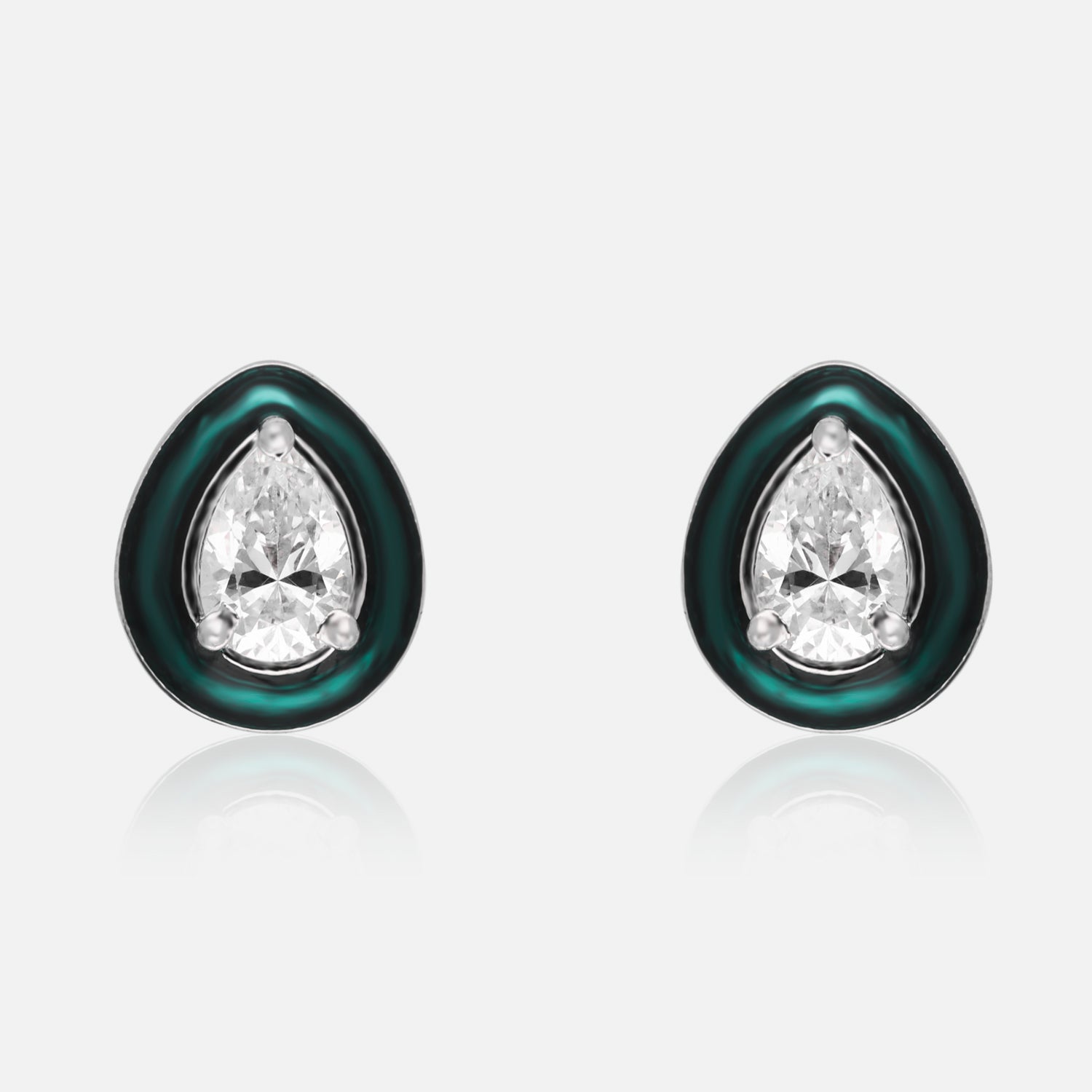 Elegant Teardrop Enamel Stud Earrings with Sparkling Pear-Cut Center Stone – Blue, Red & Green Variants | SKU : 0022196354, 0022194961, 0003904718