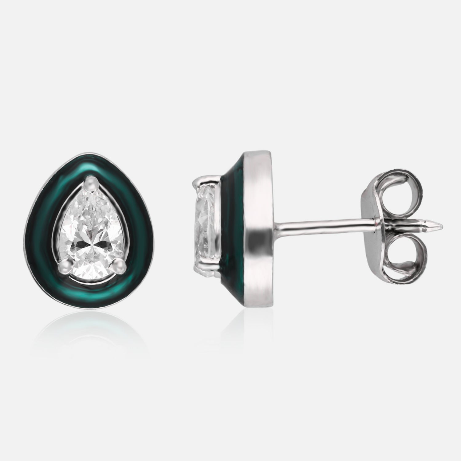 Elegant Teardrop Enamel Stud Earrings with Sparkling Pear-Cut Center Stone – Blue, Red & Green Variants | SKU : 0022196354, 0022194961, 0003904718