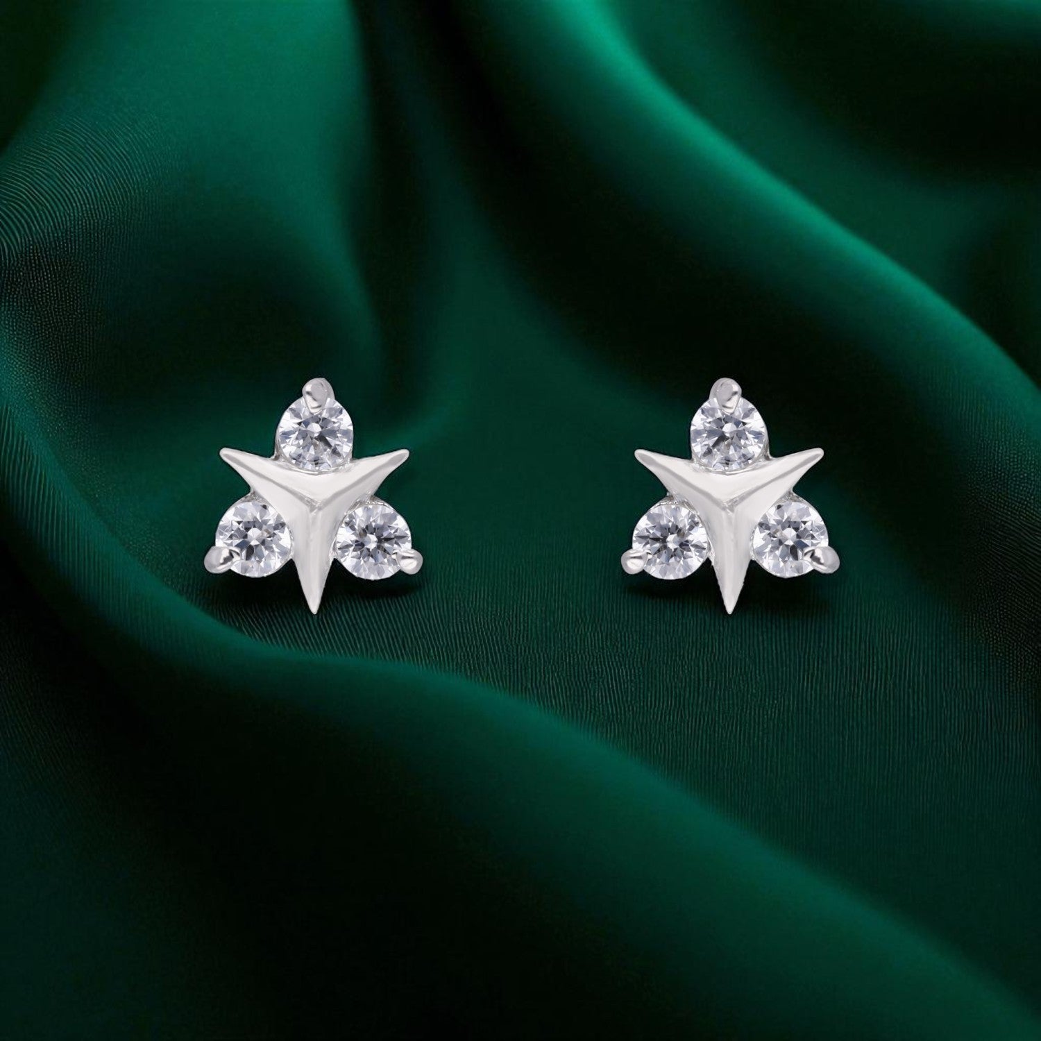 Sterling Silver Geometric Tri-Point Cubic Zirconia Stud Earrings | SKU : 0022196392, 0022195005, 0003904756