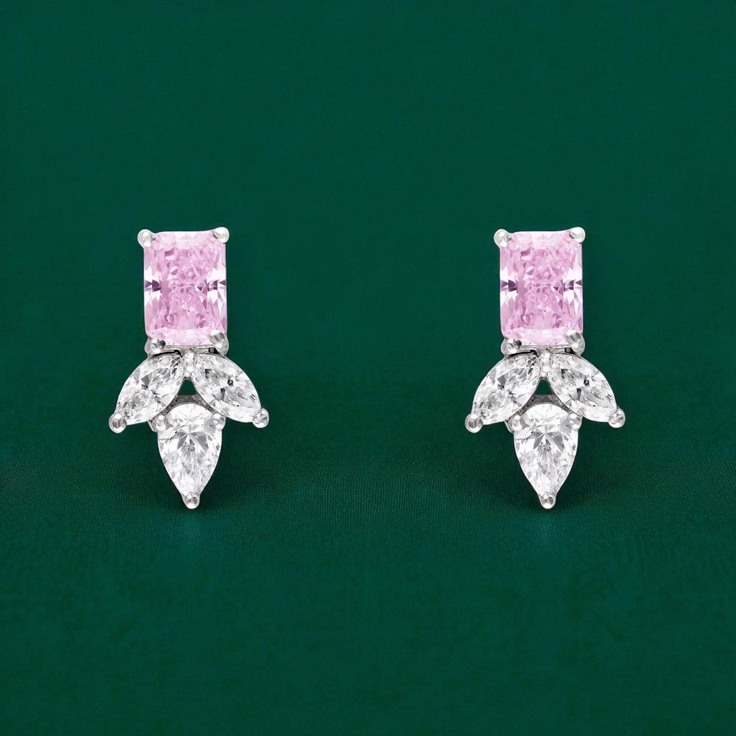 Sterling Silver Radiant Gemstone & White Stone Stud Earrings | SKU : 0022195852, 0022194466, 0003904213