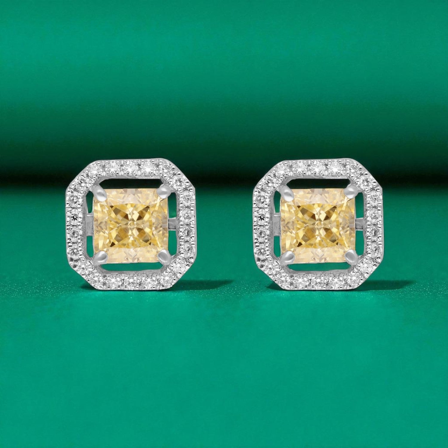 Sterling Silver Cushion-Cut Halo Stud Earrings – Emerald, Sapphire & Yellow Variants | SKU : 0022195968, 0022194572, 0003904329