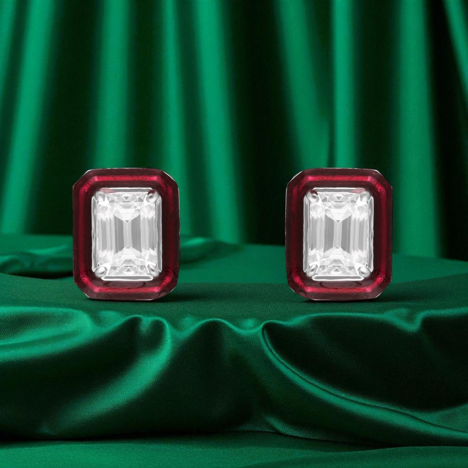 Emerald-Cut Crystal Stud Earrings with Enamel Halo | SKU : 0022196163, 0022194770, 0003904527