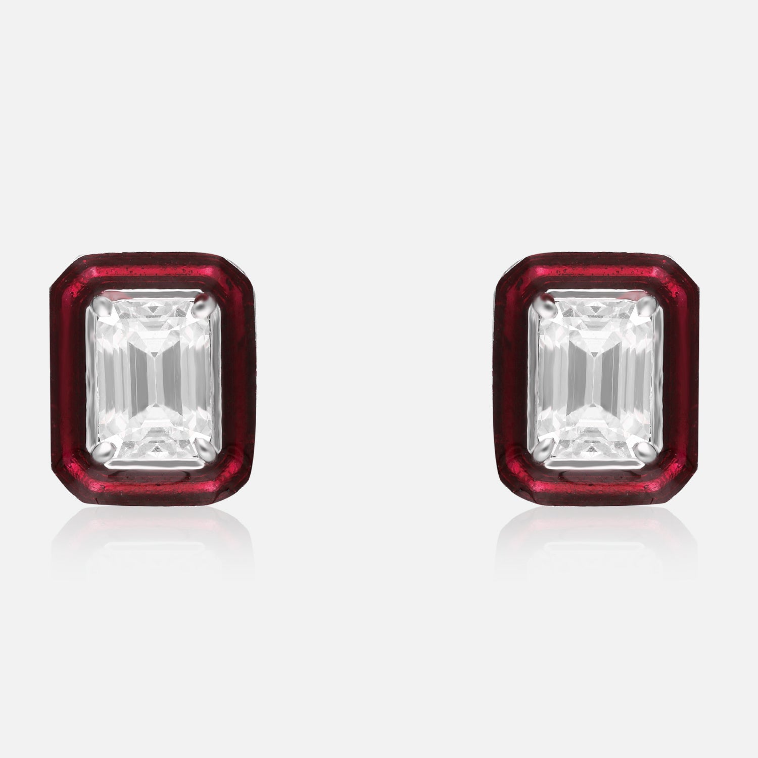 Emerald-Cut Crystal Stud Earrings with Enamel Halo | SKU : 0022196163, 0022194770, 0003904527