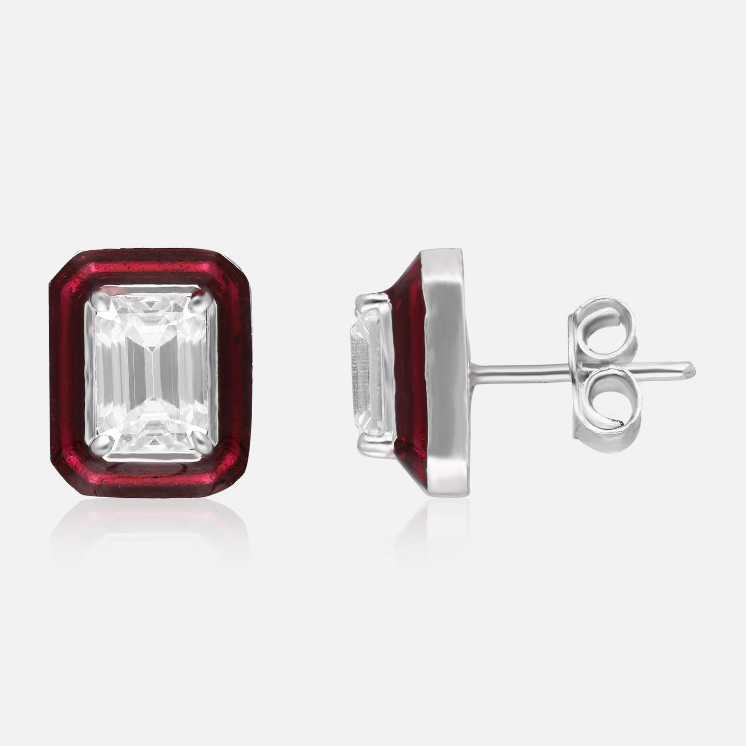 Emerald-Cut Crystal Stud Earrings with Enamel Halo | SKU : 0022196163, 0022194770, 0003904527