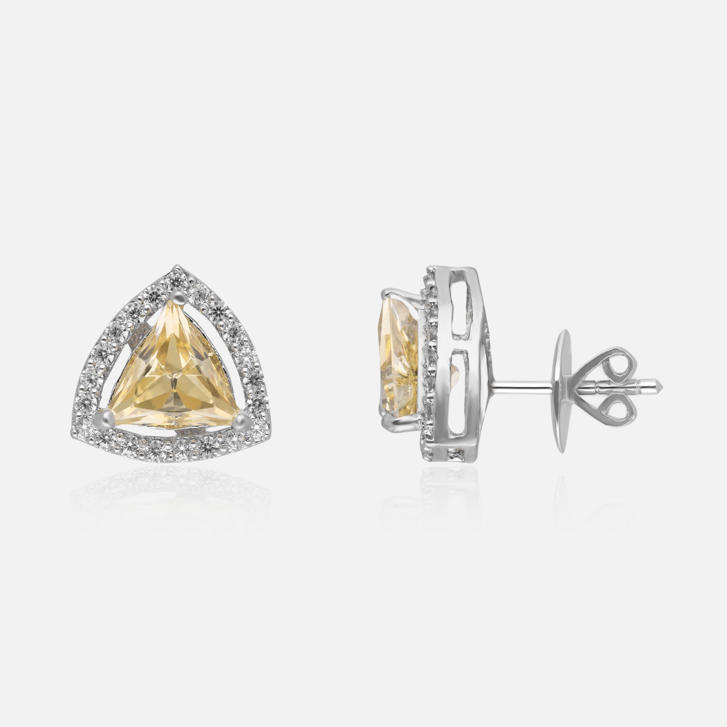 Trillion Radiance Halo Stud Earrings – Bold Geometry, Brilliant Sparkle | SKU : 0022196187, 0022194794, 0003904541