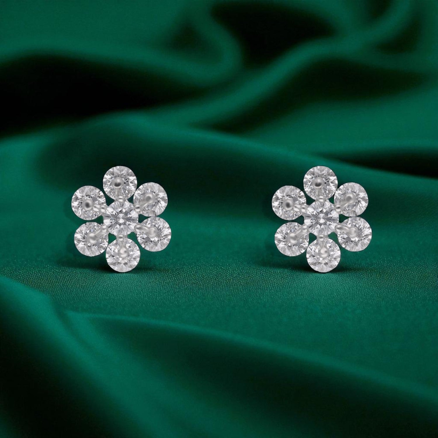 Blooming Radiance – Six-Petal Cubic Zirconia Floral Stud Earrings | SKU : 0022196279, 0022194886, 0003904633