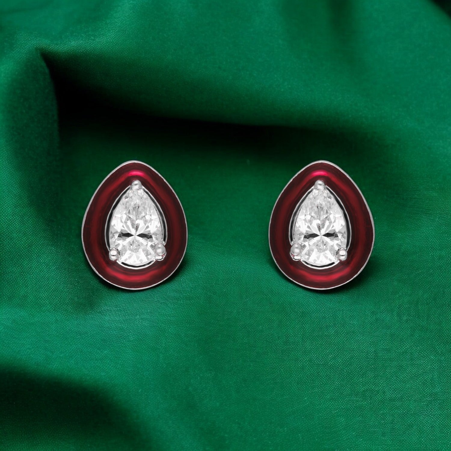 Elegant Teardrop Enamel Stud Earrings with Sparkling Pear-Cut Center Stone – Blue, Red & Green Variants | SKU : 0022196354, 0022194961, 0003904718