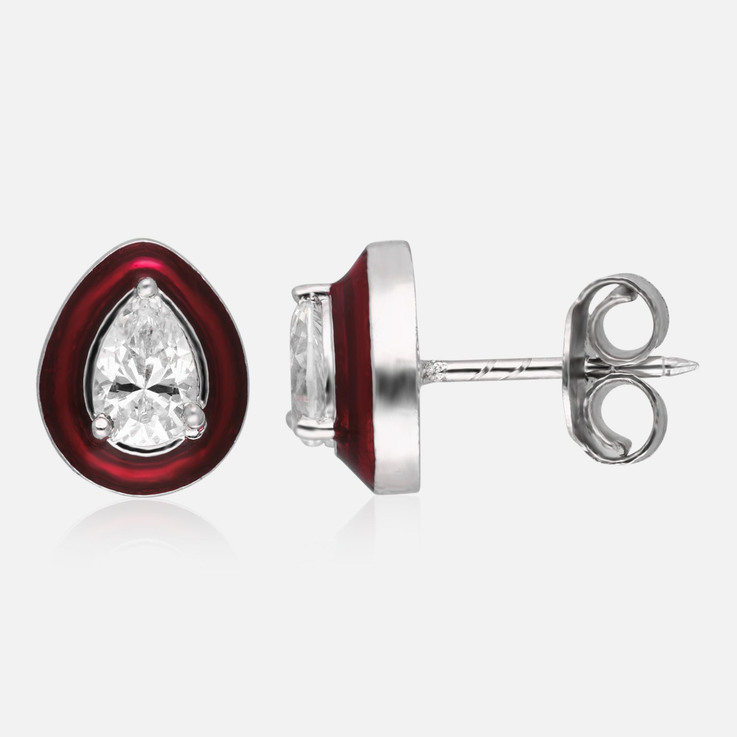 Elegant Teardrop Enamel Stud Earrings with Sparkling Pear-Cut Center Stone – Blue, Red & Green Variants | SKU : 0022196354, 0022194961, 0003904718