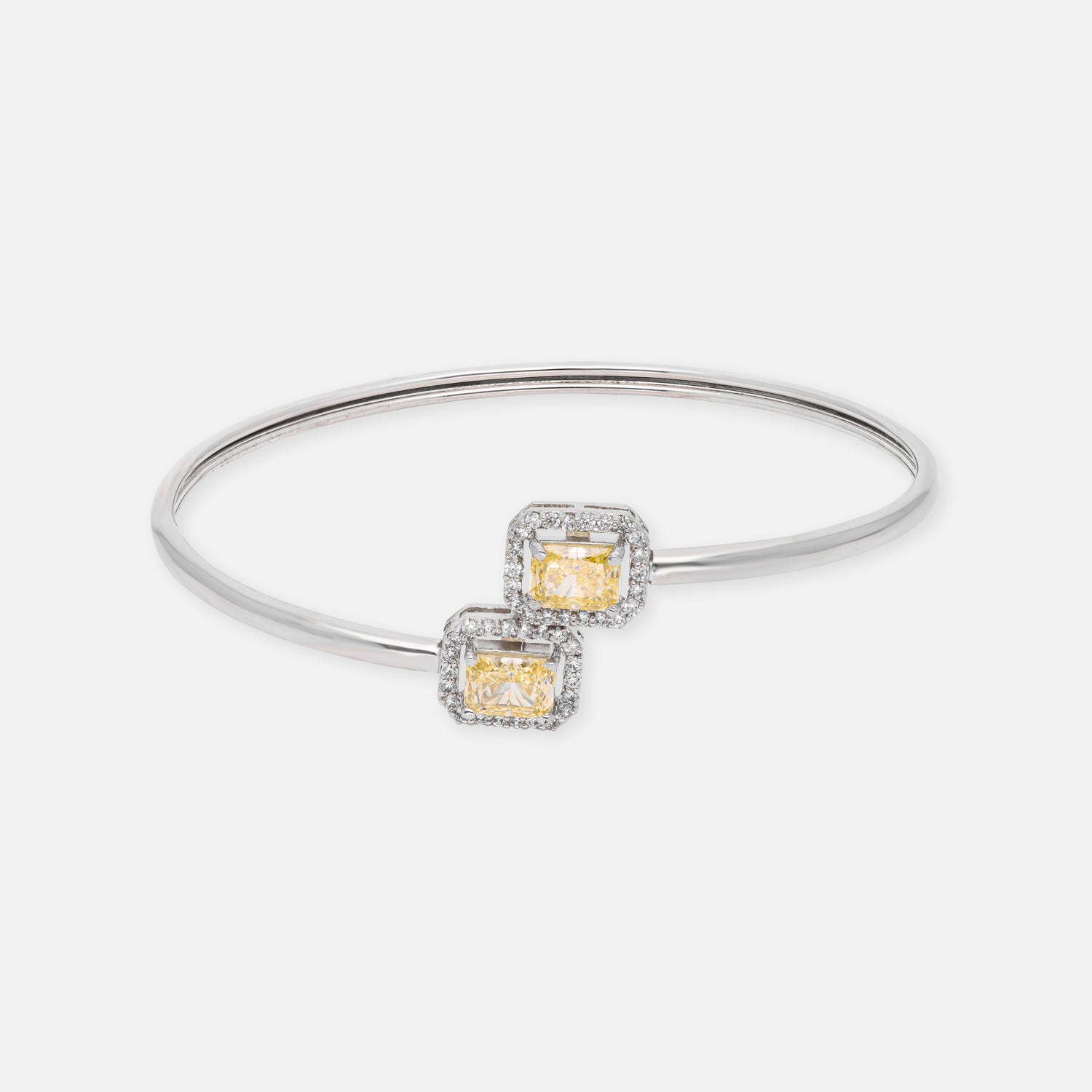 Sterling Silver Dual-Colored Gem Halo Open Bangles with Diamond Accents | SKU : 0022219671, 0022219466, 0003922125