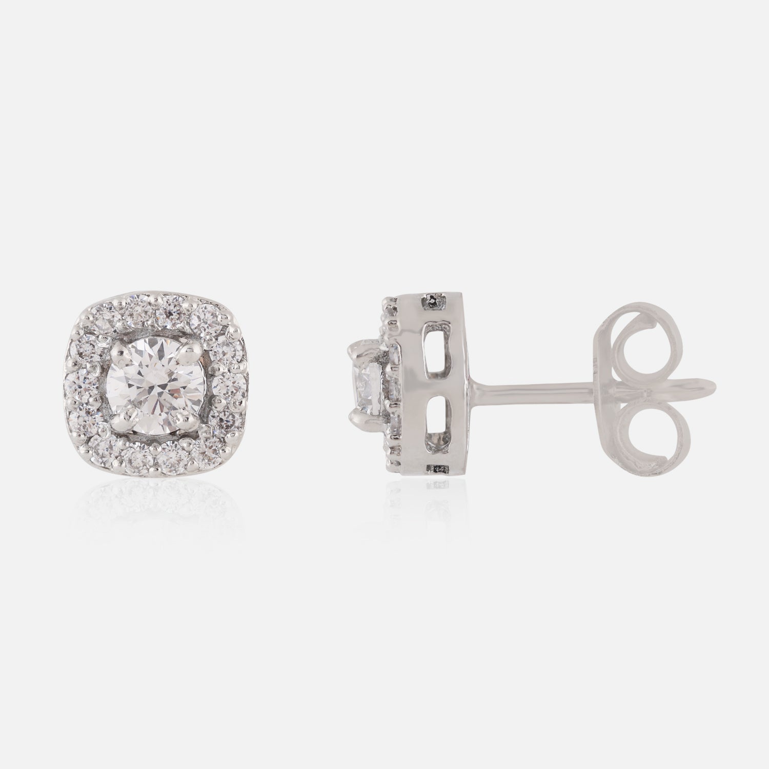 Sterling Silver Cushion Halo Cubic Zirconia Stud Earrings | SKU : 0022260734, 0022259554, 0003939123