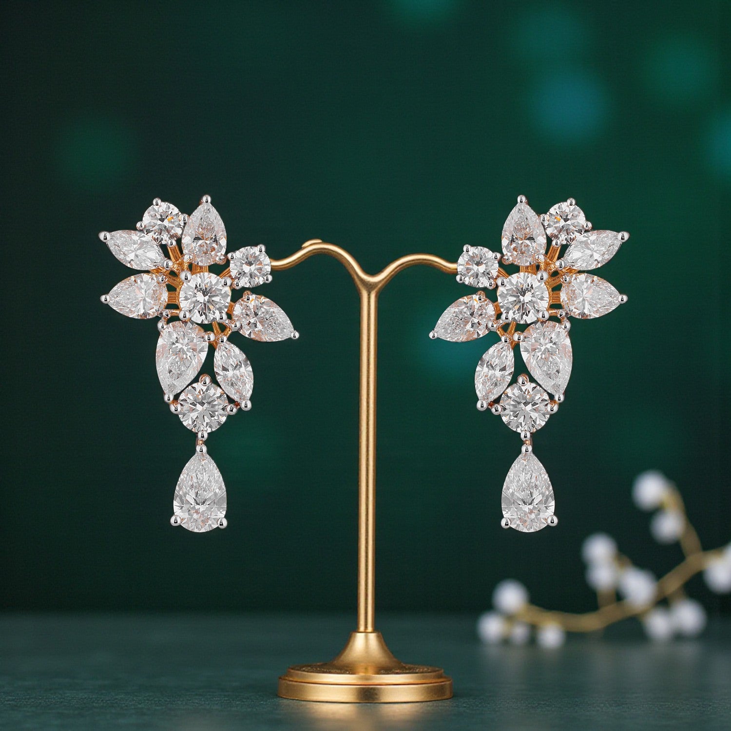 Lab-Grown Floral Cluster and Pear Diamond Earrings in 18K Yellow Gold | SKU : 0004953166