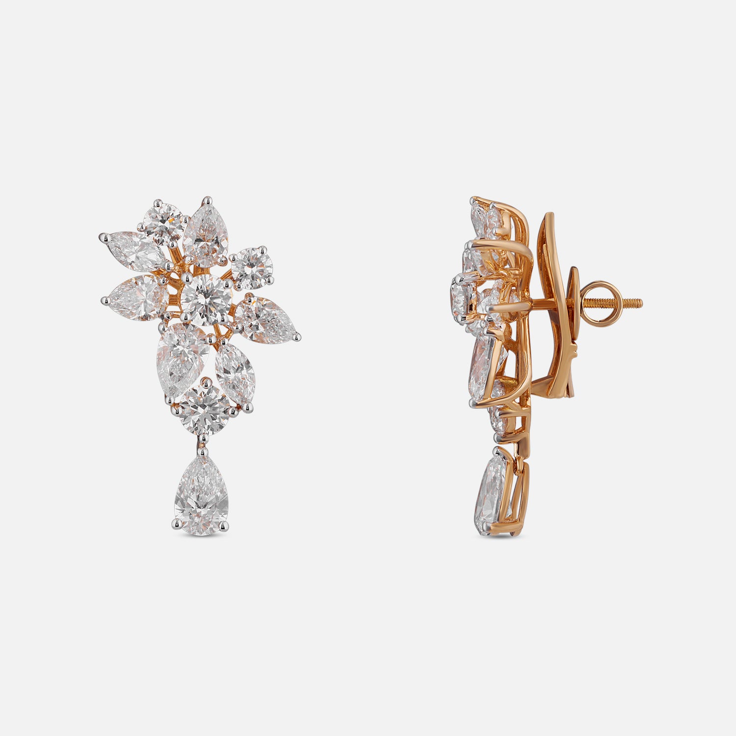 Lab-Grown Floral Cluster and Pear Diamond Earrings in 18K Yellow Gold | SKU : 0004953166